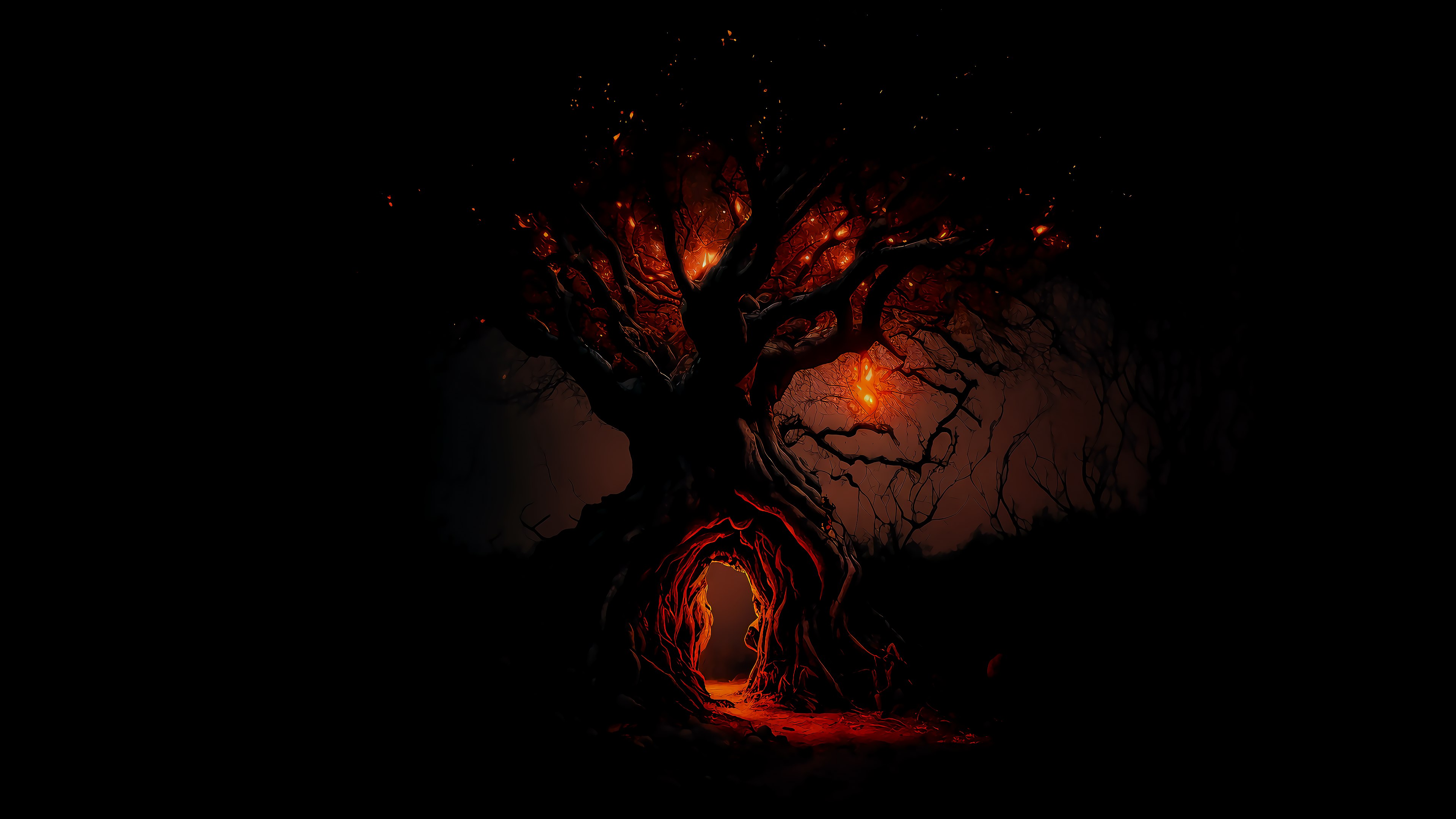Black Wallpaper 4K for PC: Magical Tree Illustration