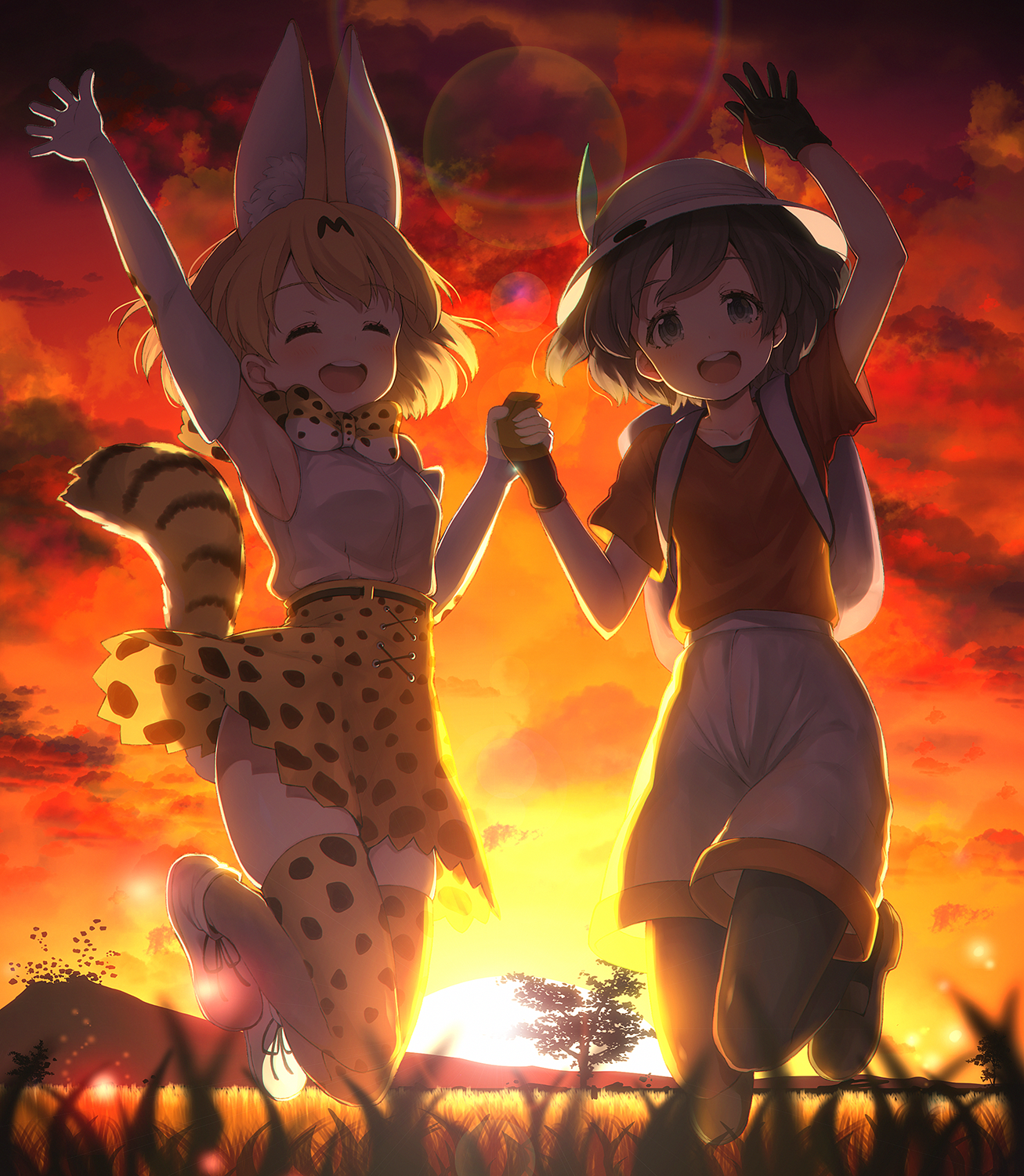 Wallpaper, animal ears, Kaban Kemono Friends, Kemono Friends, panty hose, Serval Kemono Friends, tail, thigh highs, sunset 1307x1500