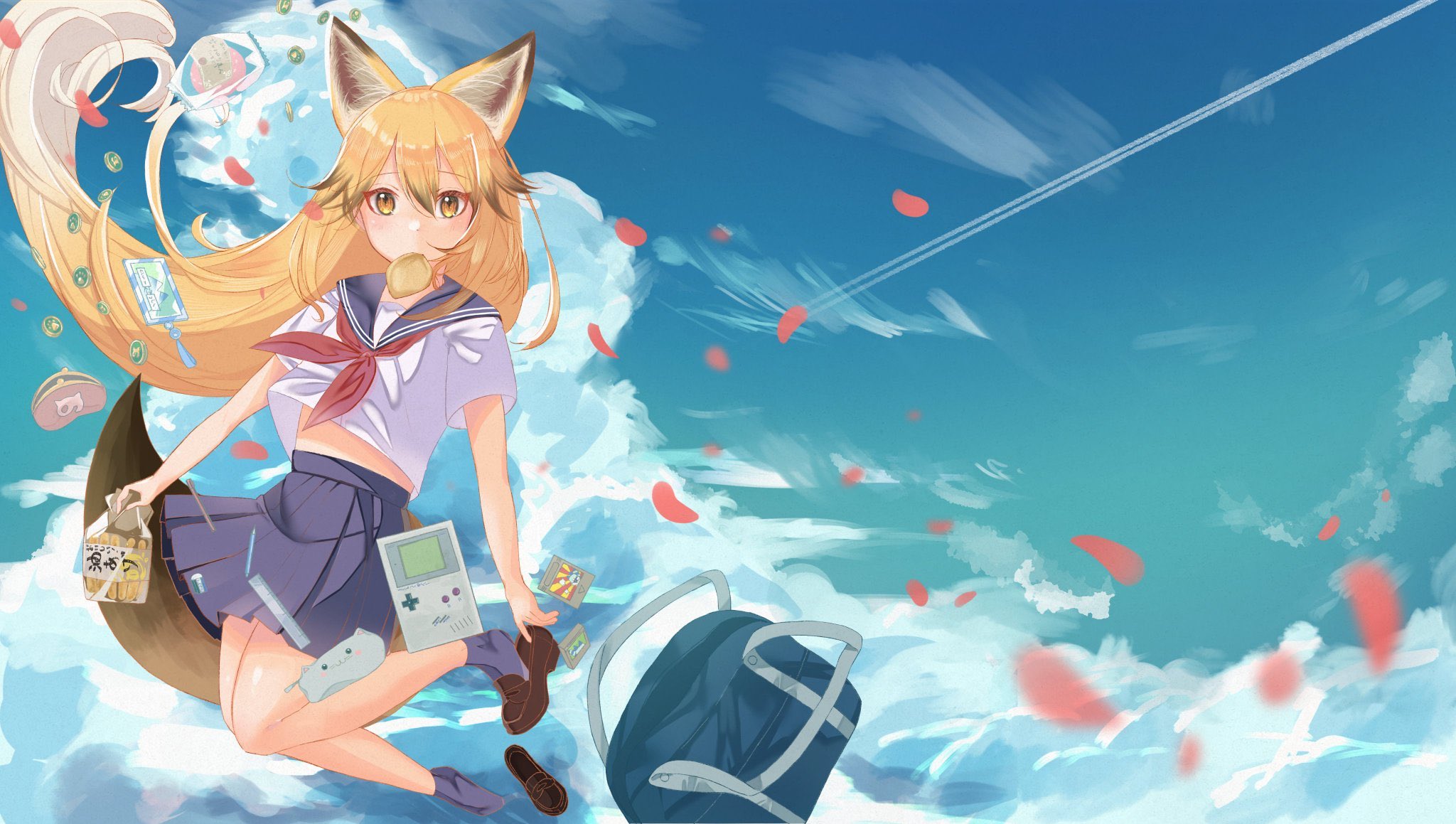 Wallpaper, Kemono Friends, Red fox Kemono friends, video games, anime girls, animal ears, school uniform, sky, floating 2048x1159