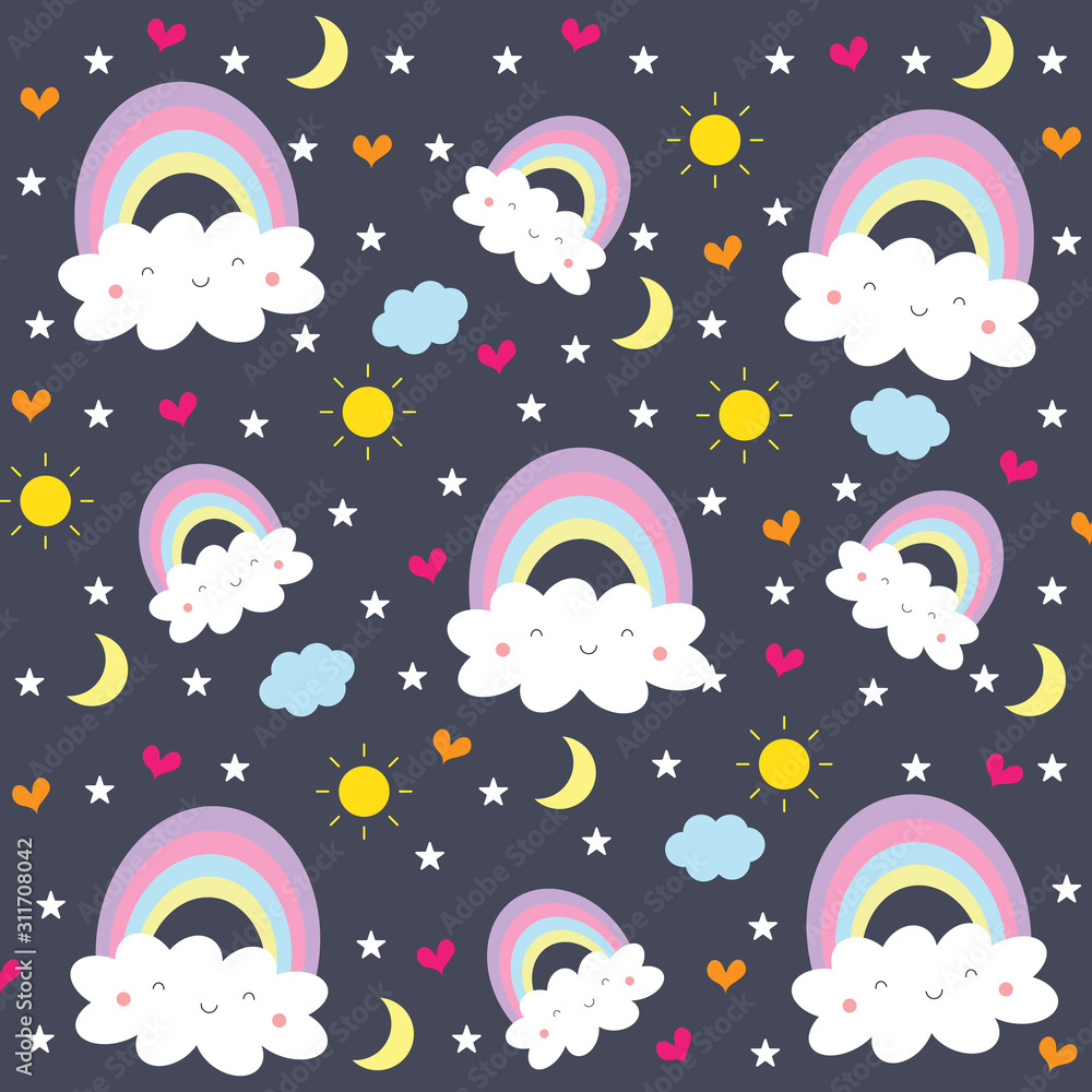 Cute baby cartoon pattern (Rainbow , Smile cloud happy face , Sun , Moon , Star , Heart) isolated on deep blue background.Design for girl or kids.Using as wallpaper , print or screen.Sweet dream concept. Stock Vector