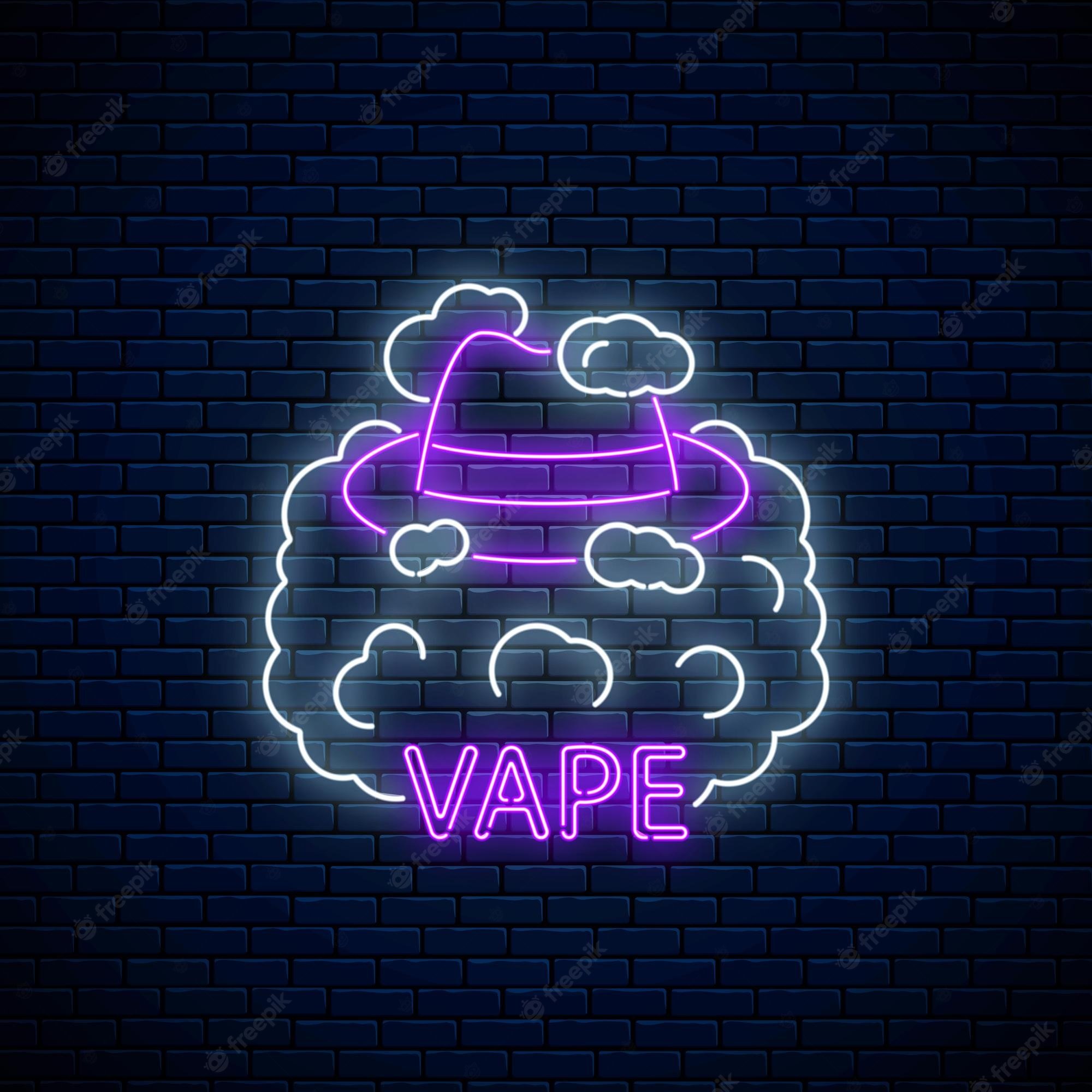 Premium Vector. Neon signboard of vape shop or club on dark brick wall background. glowing neon sign with man hat in vape smoke. vaping shop symbol