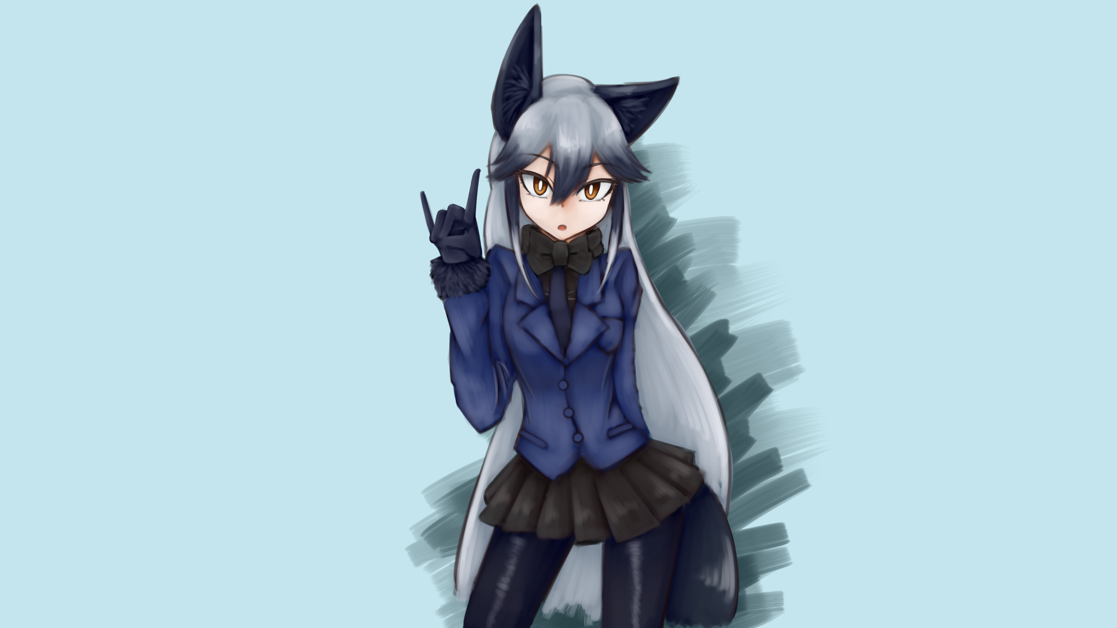 Anime Anime Girls Simple Background Animal Ears Kitsunemimi Blue Background Kemono Friends Silver Fo Wallpaper:3840x2160