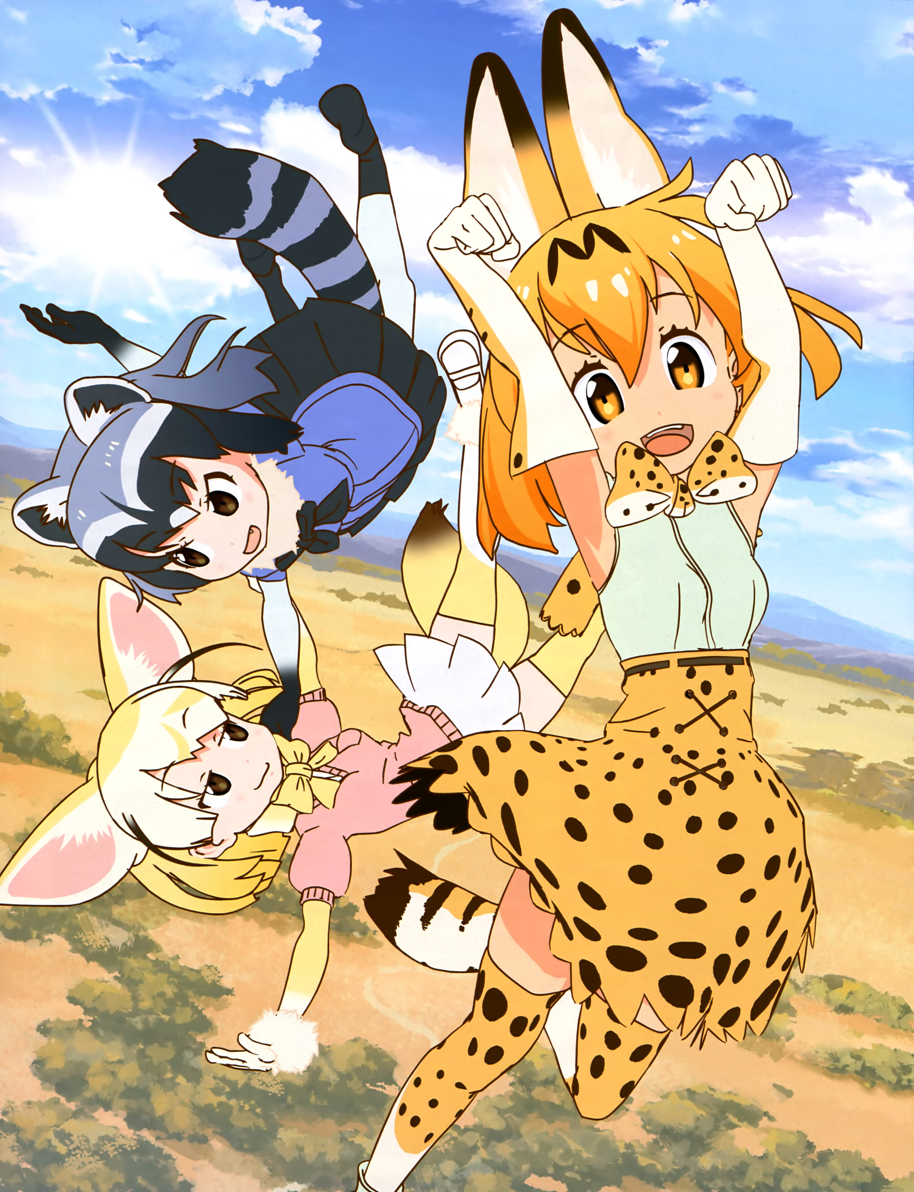 kemono friends common raccoon fennec (kemono friends) serval animal ears tail thighhighs