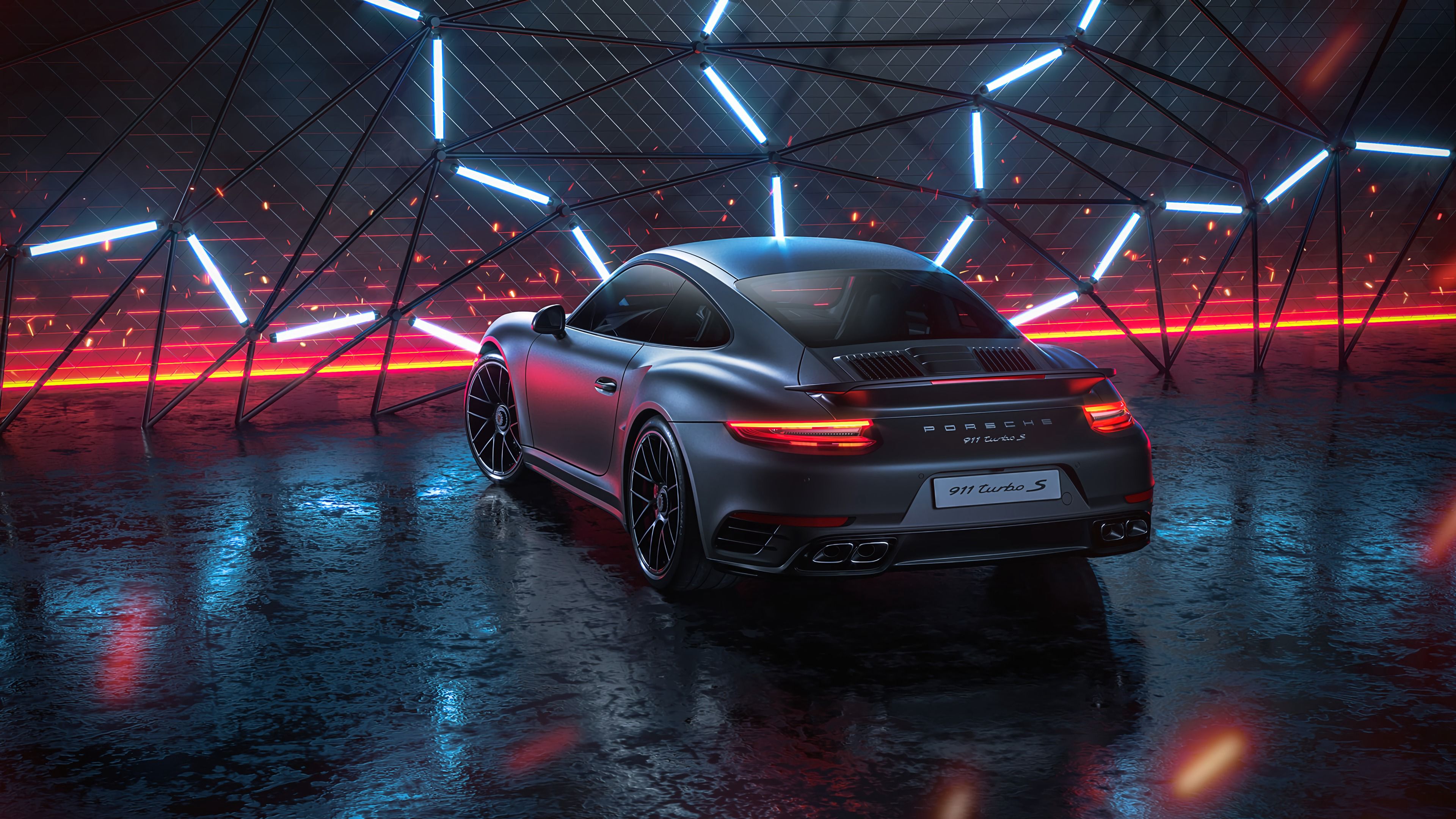 Wallpaper / porsche 911 turbo s, porsche, car, sportscar, gray, neon, night, 4k free download