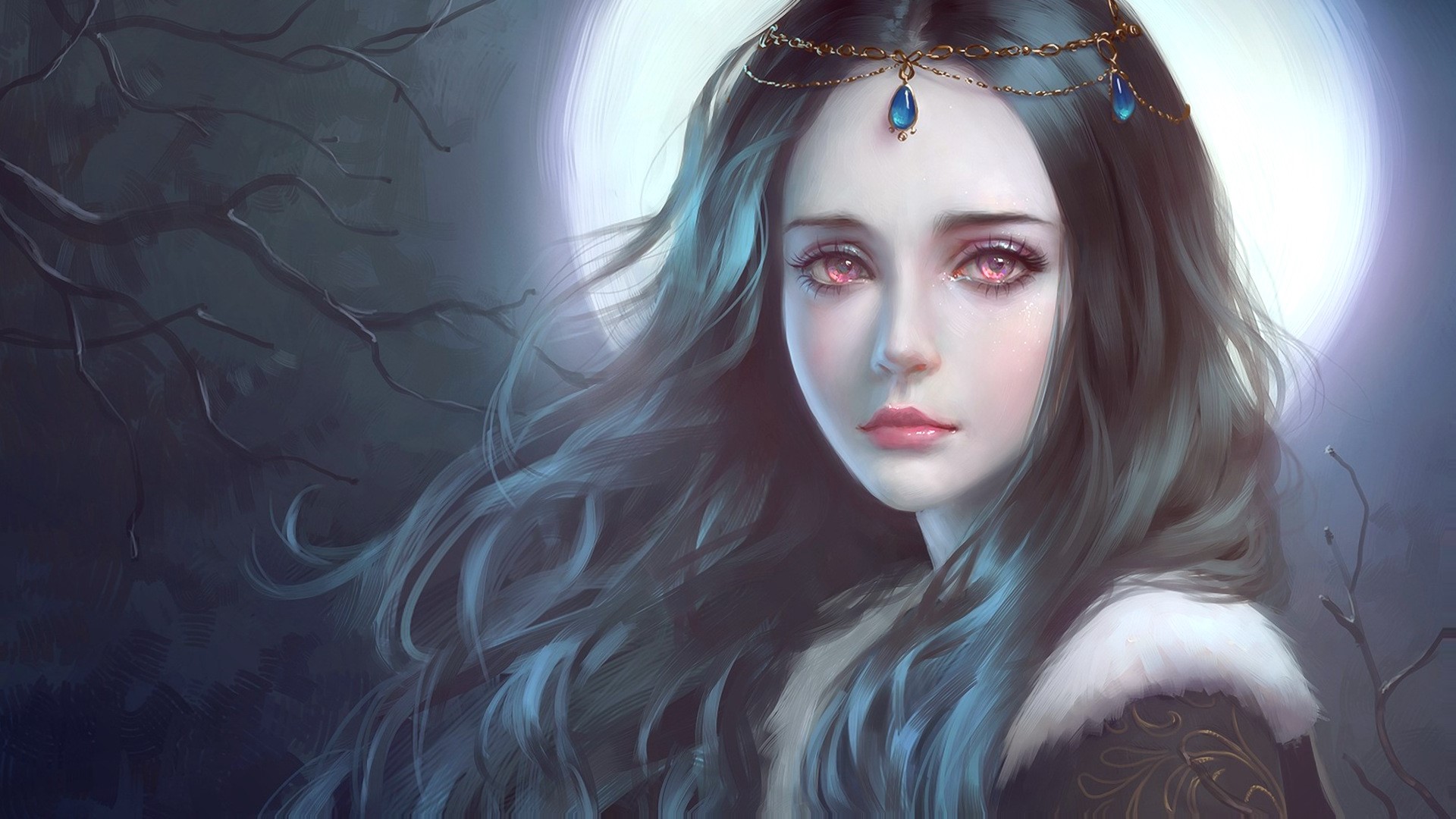 Gothic, night, fantasy girl, Moon, red eyes, goths Gallery HD Wallpaper