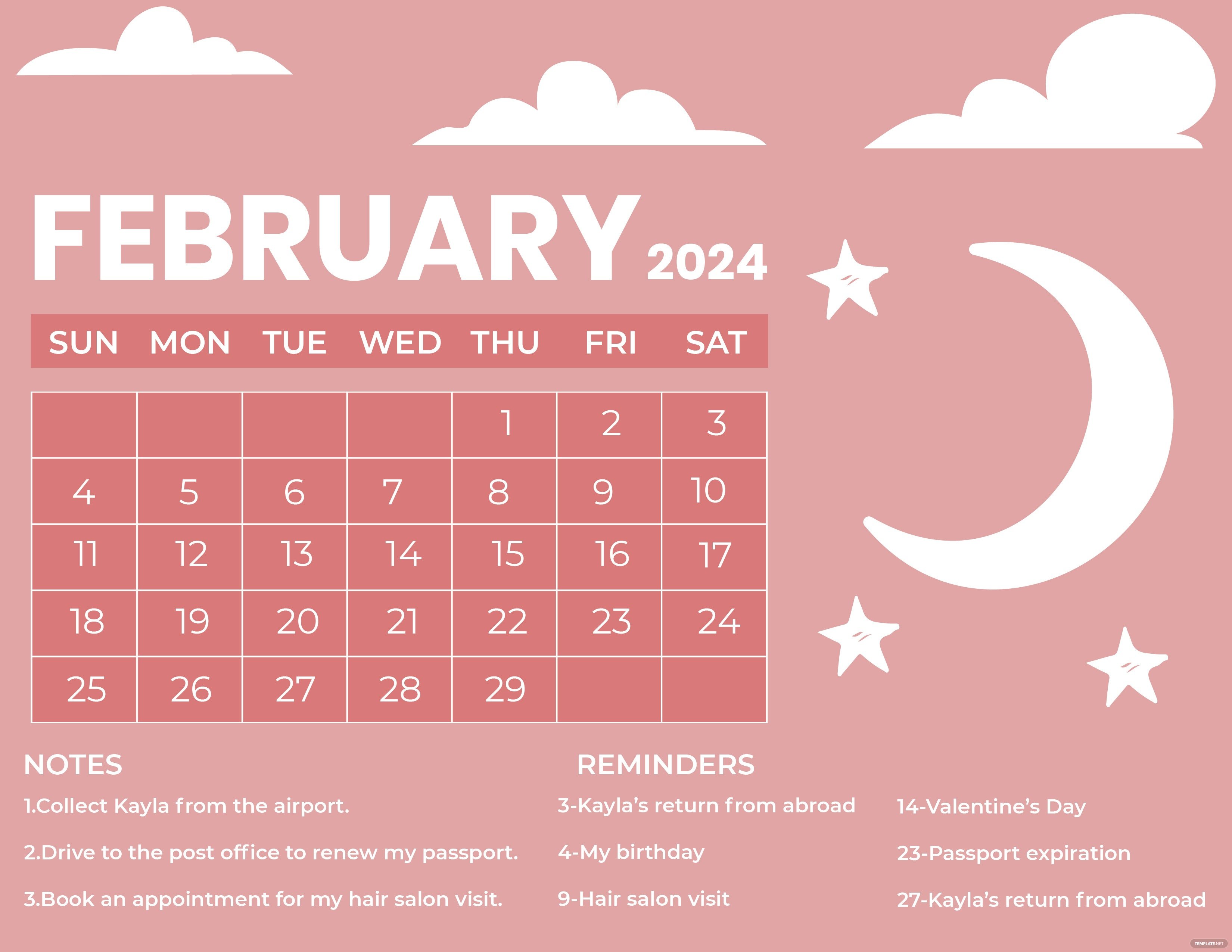 Pink February 2024 Calendar, Illustrator, JPG, Word, SVG