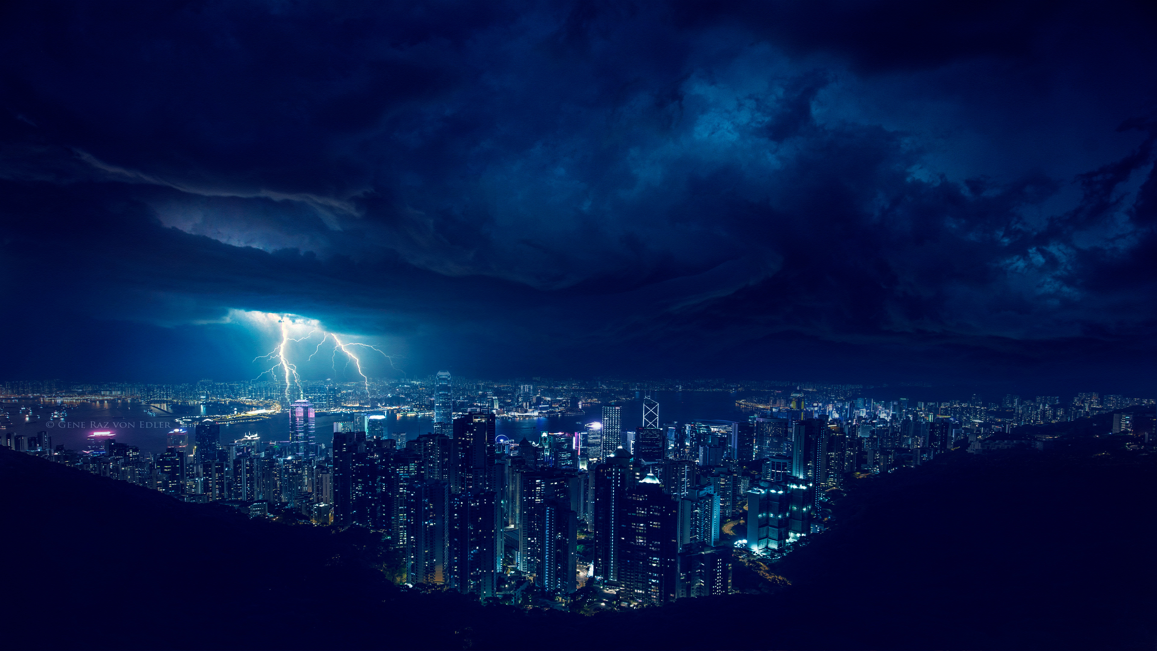 Wallpaper City Skyline Under Cloudy Sky During Night Time, Background Free Image