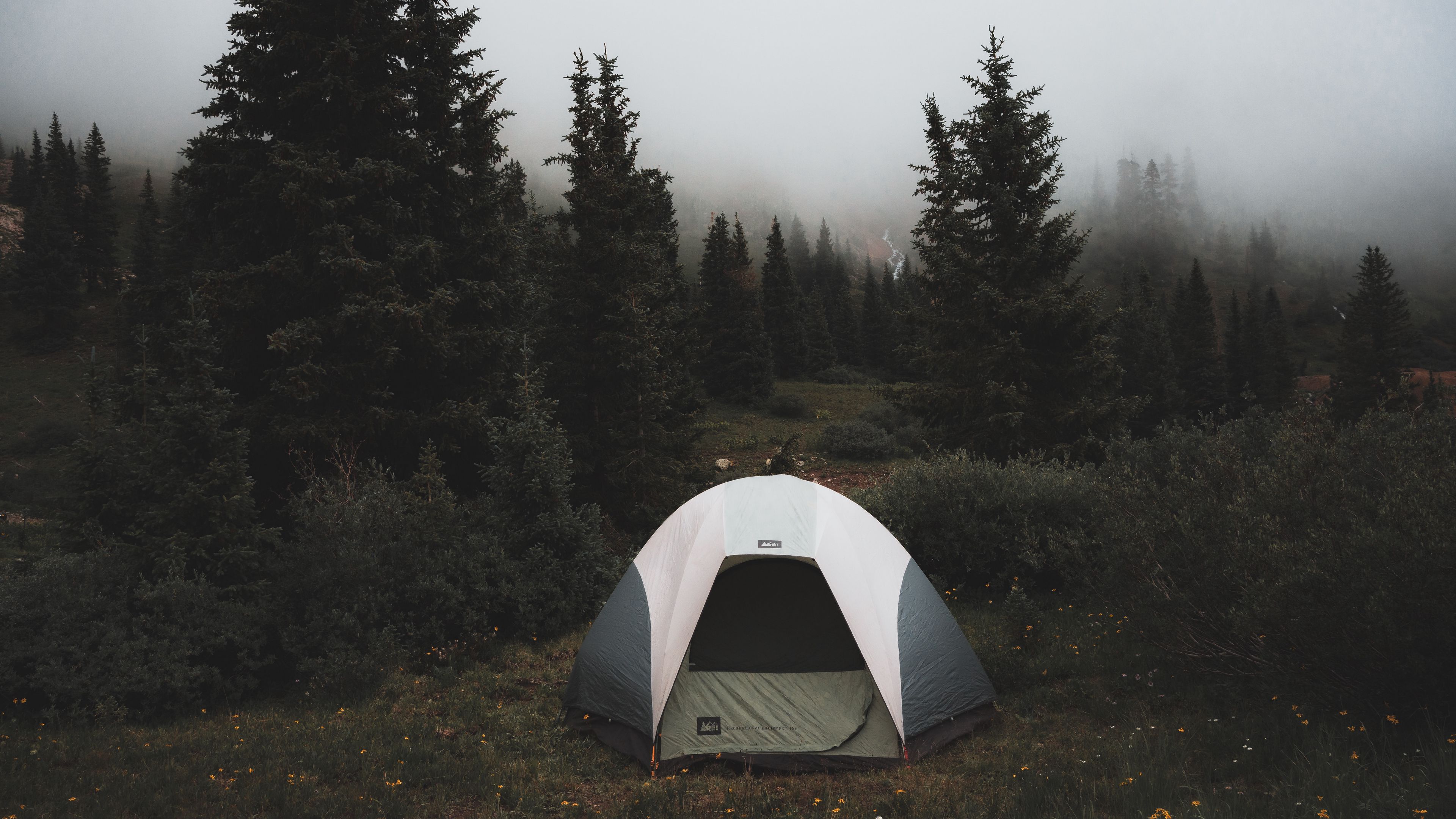 Download wallpaper 3840x2160 tent, camping, trees, fog, nature 4k uhd 16:9 HD background