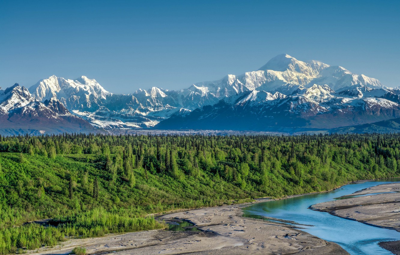 Wallpaper forest, mountains, river, Alaska, Alaska, Denali National Park, Alaska range, Denali national Park, Alaska Range, mount McKinley, Mount McKinley image for desktop, section пейзажи