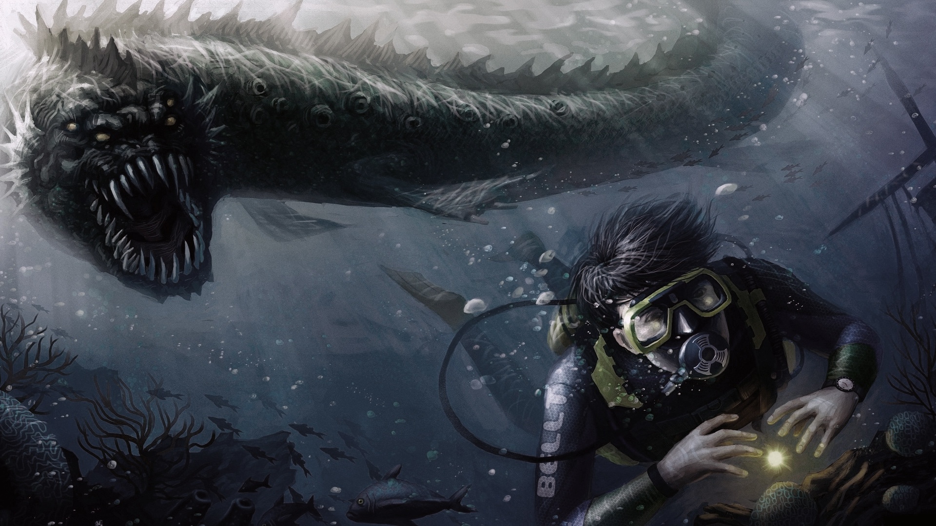 HD desktop wallpaper: Fantasy, Underwater, Monster, Diving, Scuba Diver, Sea Monster download free picture