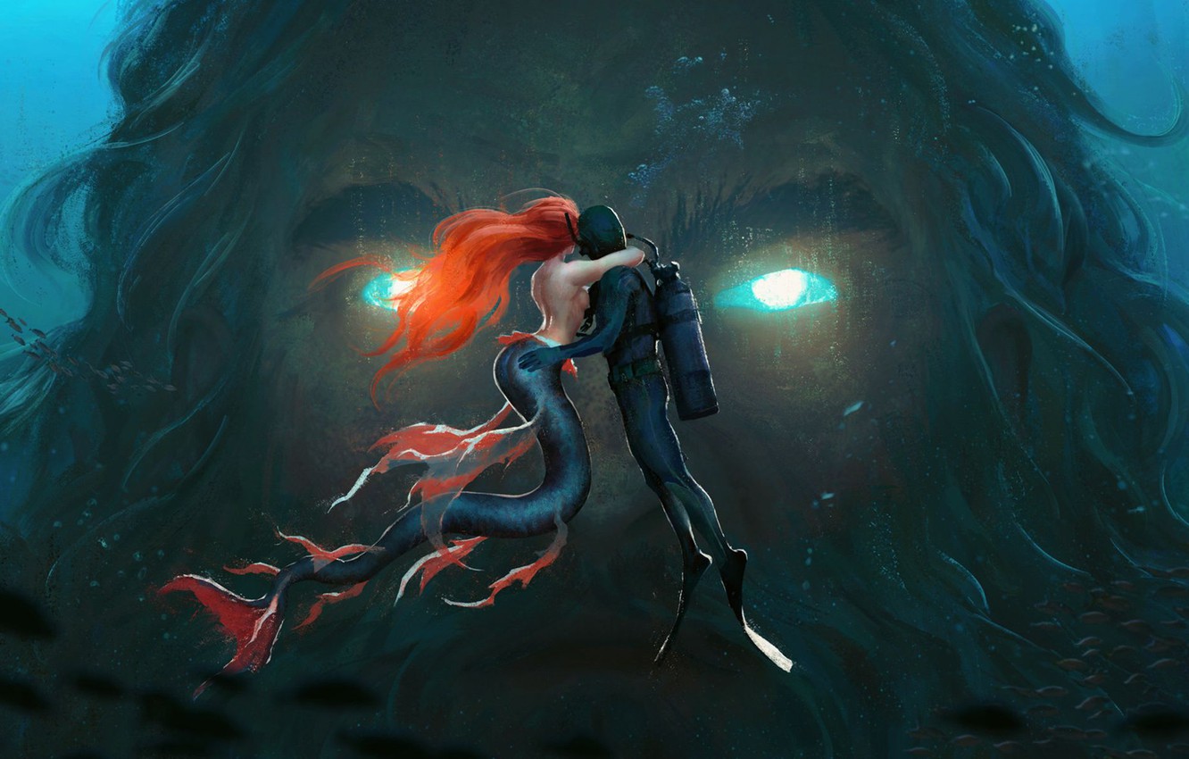 Wallpaper mermaid, the diver, red hair, red hair, under water, underwater, Poseidon, deity, hug, mermaid, fantasy art, embrace, poseidon, sea king, glowing eyes, the depths of the ocean image for desktop, section