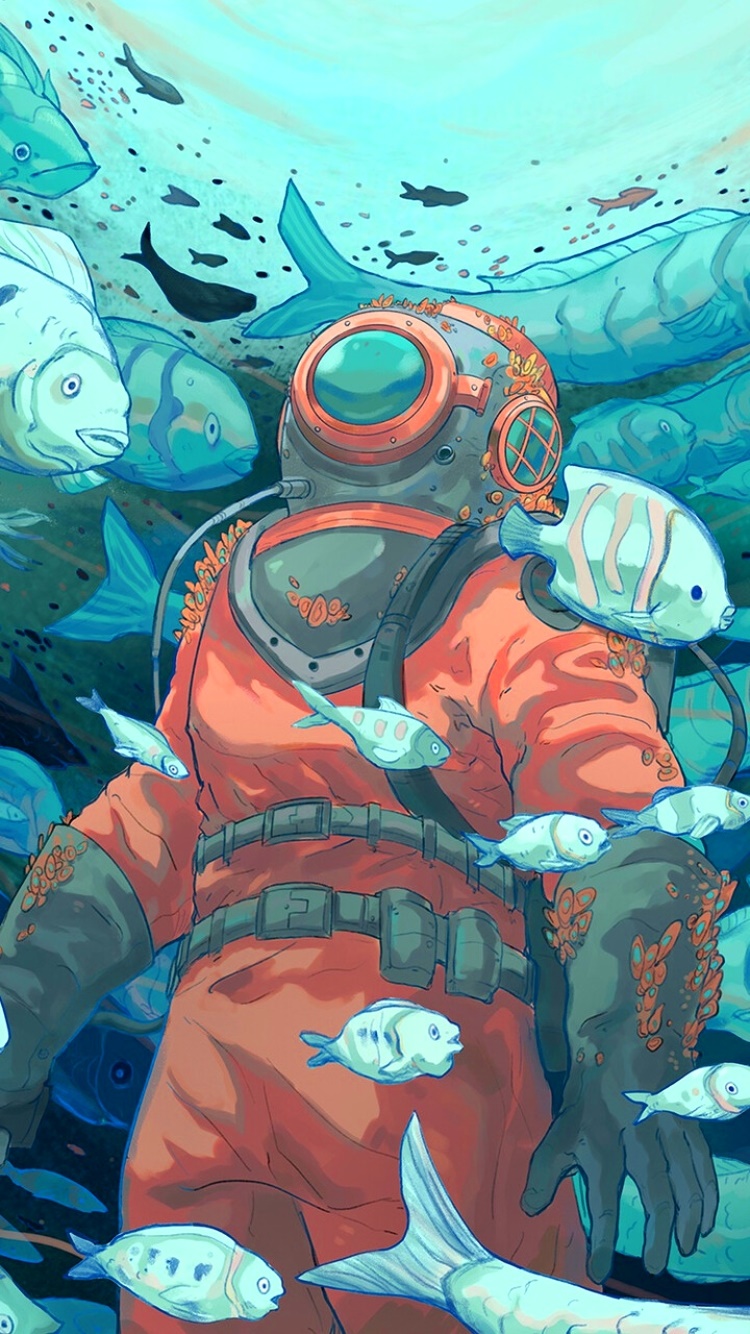 Wallpaper / Fantasy Underwater Phone Wallpaper, Scuba Diver, Fish, 750x1334 free download