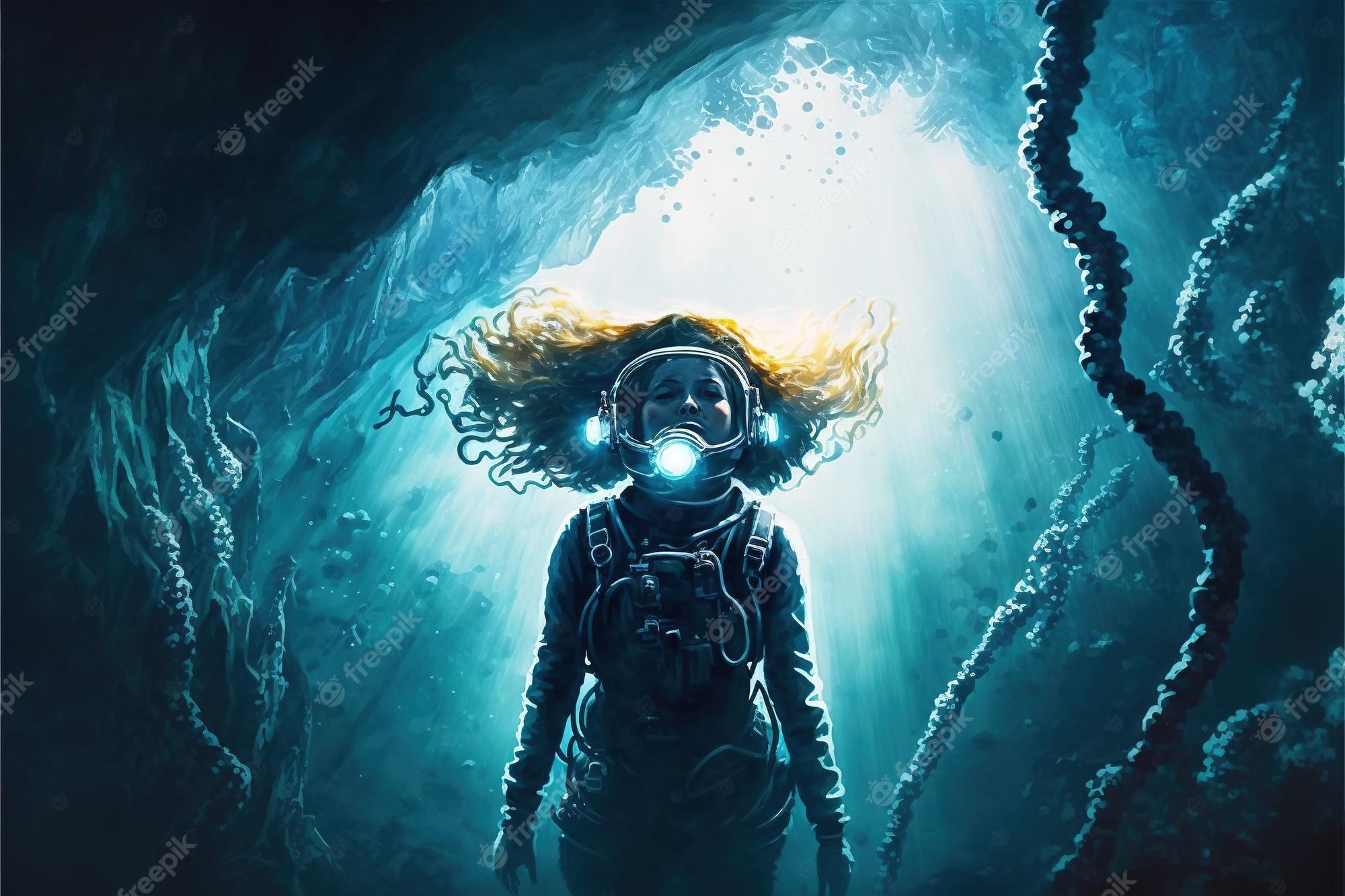 Premium Photo. Woman dive underwater to see a mysterious light under the sea digital art style illustration painting fantasy concept of a diver in the water