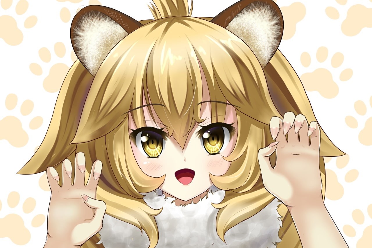 Wallpaper / 720P, Lion(kemono friends), cat girl, white background, blonde, Kemono Friends, animal ears, yellow eyes, short hair, anthropomorphism free download