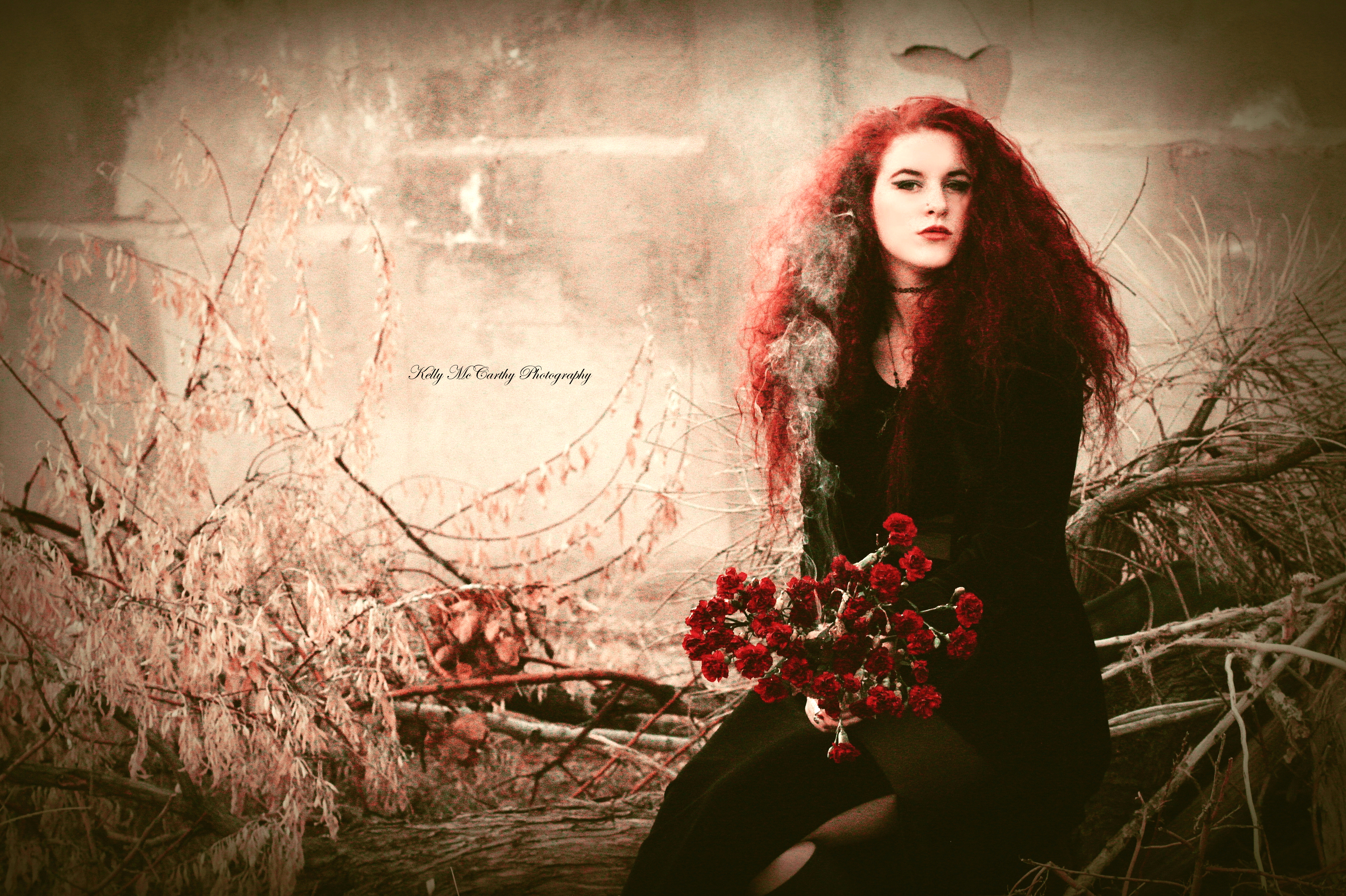 Wallpaper, black, redhead, model, dark, flowers, red, abandoned, outdoors, photography, smoke, fire, fashion, Gothic, spring, color, beautiful, flower, beauty, woman, goth, darkness, redhair, photo shoot, carnations 5079x3381