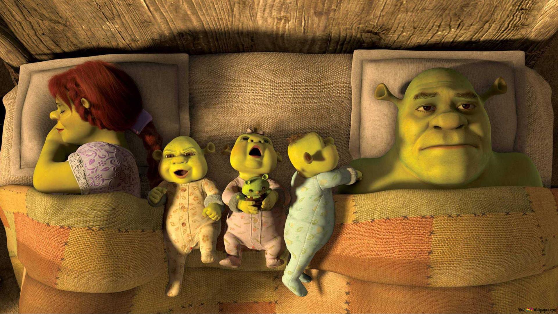 Shrek and princess fiona from the animated movie Shirek sleep with their children 2K wallpaper download