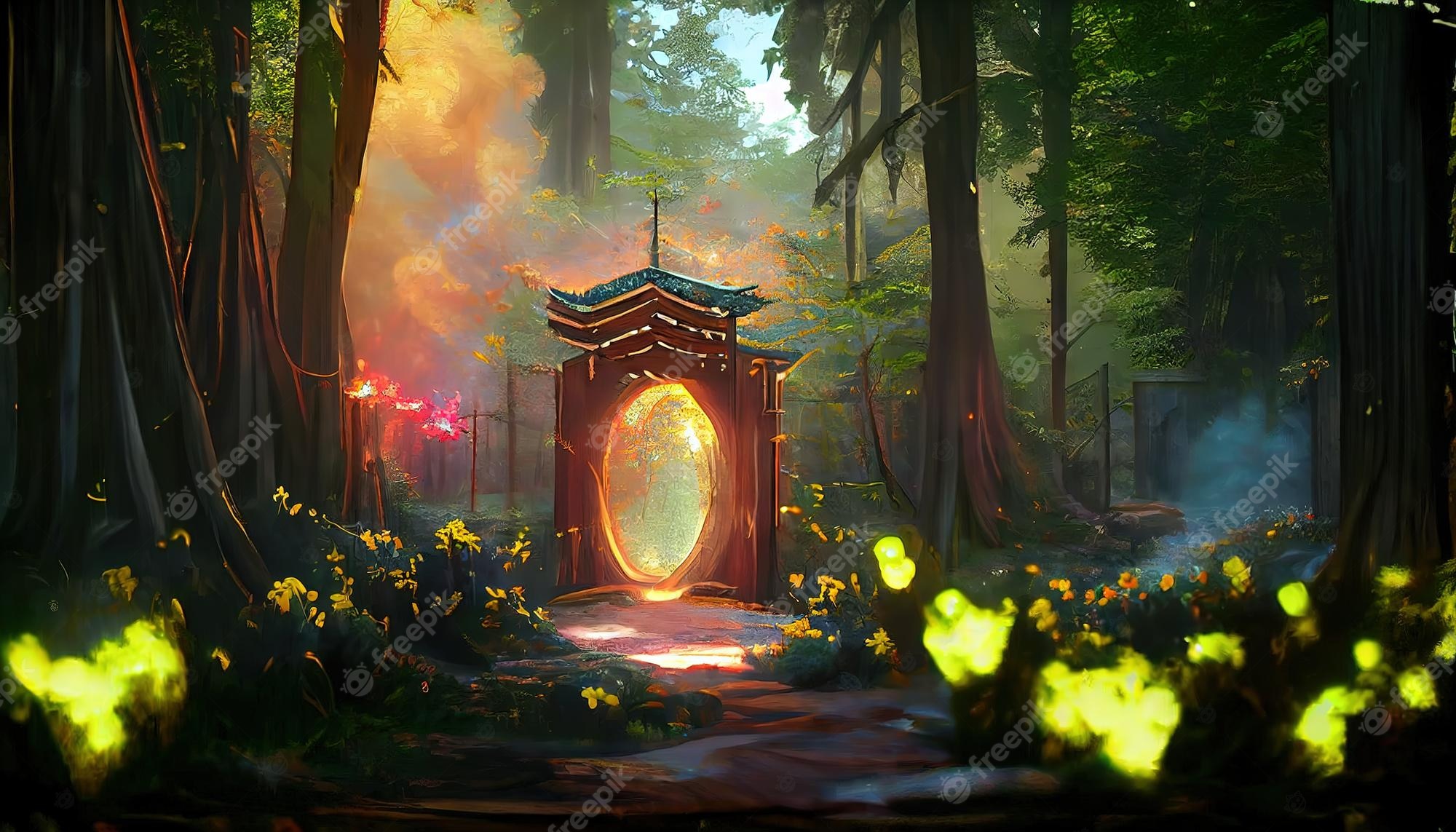 Premium Photo. Magical portal in forest or jungle mysterious landscape background with glowing gates with yellow plasma in deep forest with trees and vines and sandy path 3D illustration