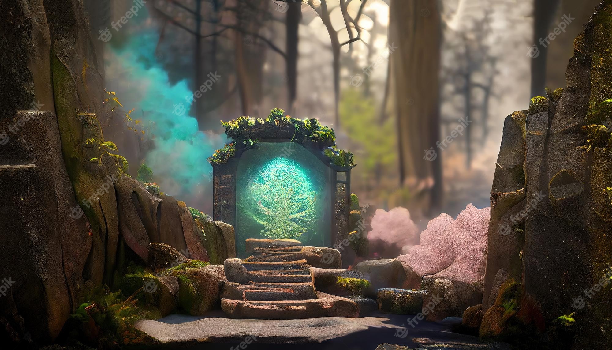 Premium Photo. Magical portal in the forest at the top of the stone stairs mysterious landscape background with trees and glowing gates with green plasma and pink color haze 3D illustration
