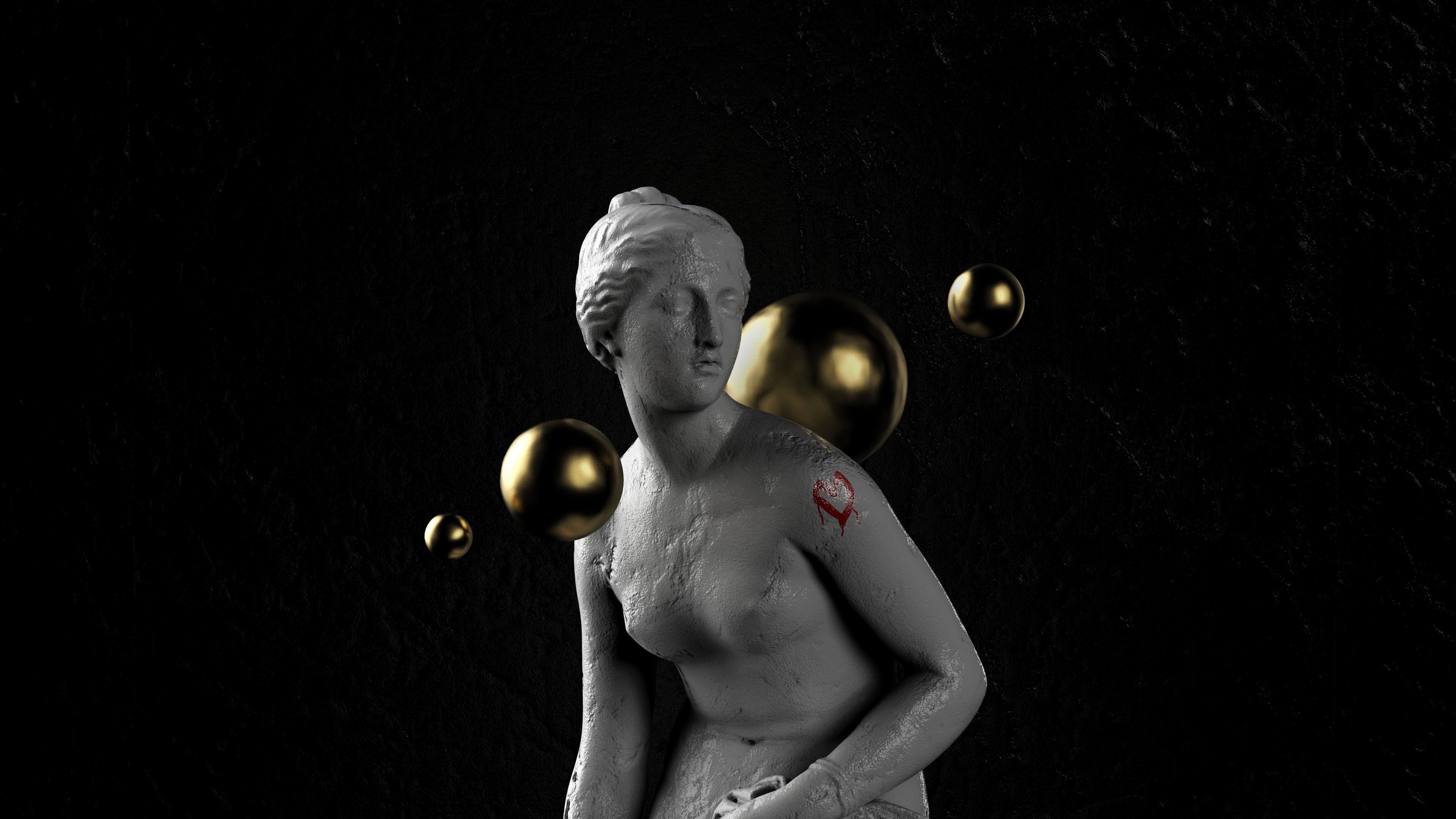 Wallpaper / 3D, render, statue, Aphrodite, marble, gold, heart, women, classical art, texture, simple background free download