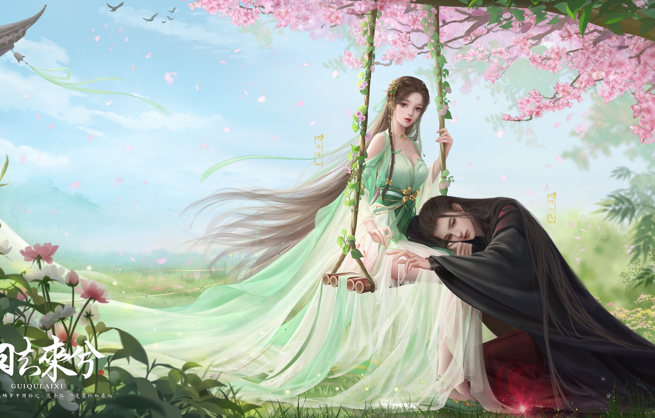 Wallpaper blue sky, Jade dynasty, on the swings, flowering in the spring, the guy with the girl, Chinese clothing, birds in the sky, bell wind image for desktop, section игры