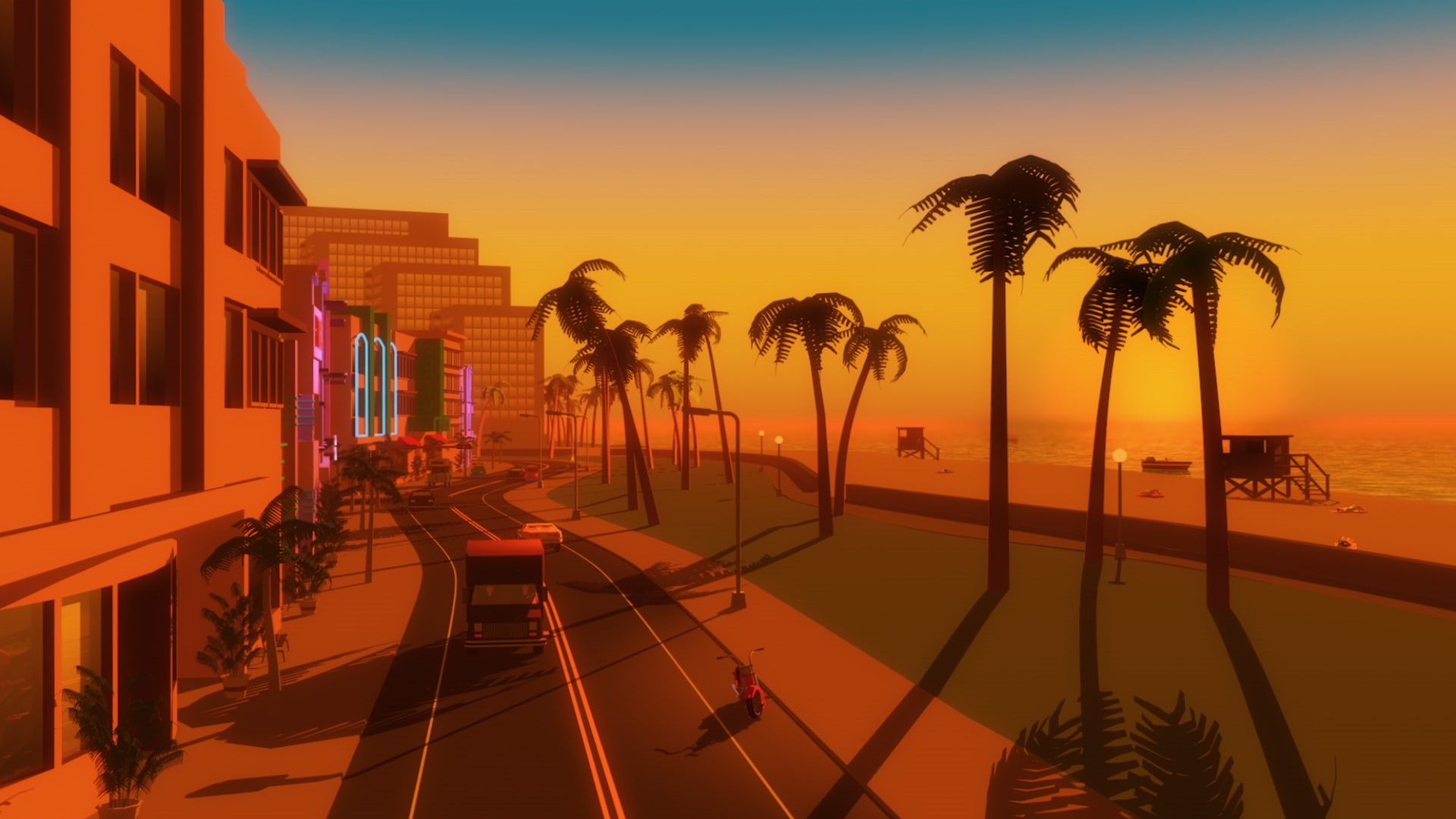 Wallpaper / Machine, 1080P, Neon, Synthpop, The city, Street, Electronic, Sunset, Retrowave, Sea, Washington Beach, Graphics, Synthwave, Synth pop, Miami, Vice City free download