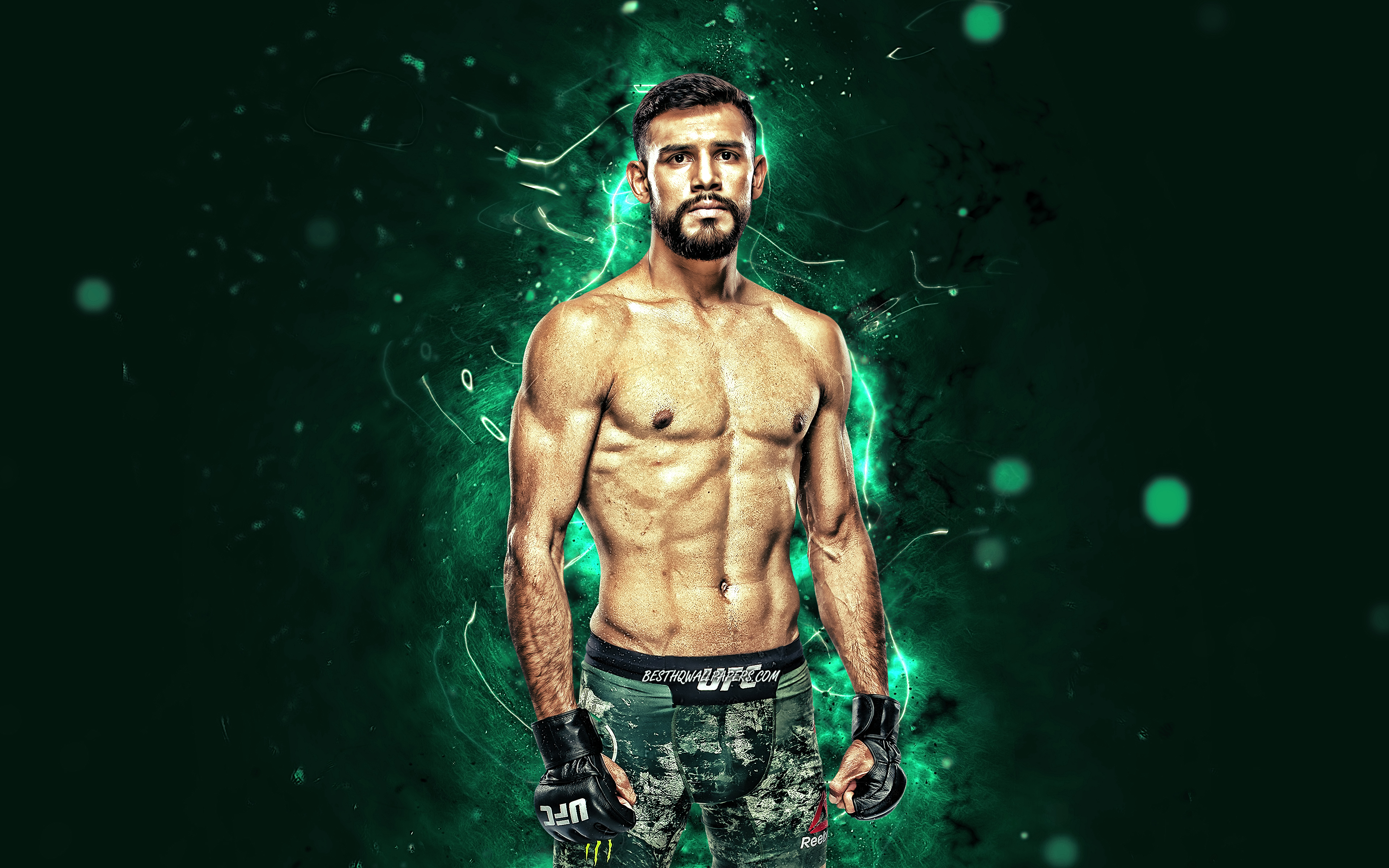 Download wallpaper Yair Rodriguez, 4k, green neon lights, mexican fighters, MMA, UFC, Mixed martial arts, Yair Rodriguez 4K, UFC fighters, MMA fighters, Yair Raziel Rodríguez Portillo for desktop with resolution 3840x2400. High