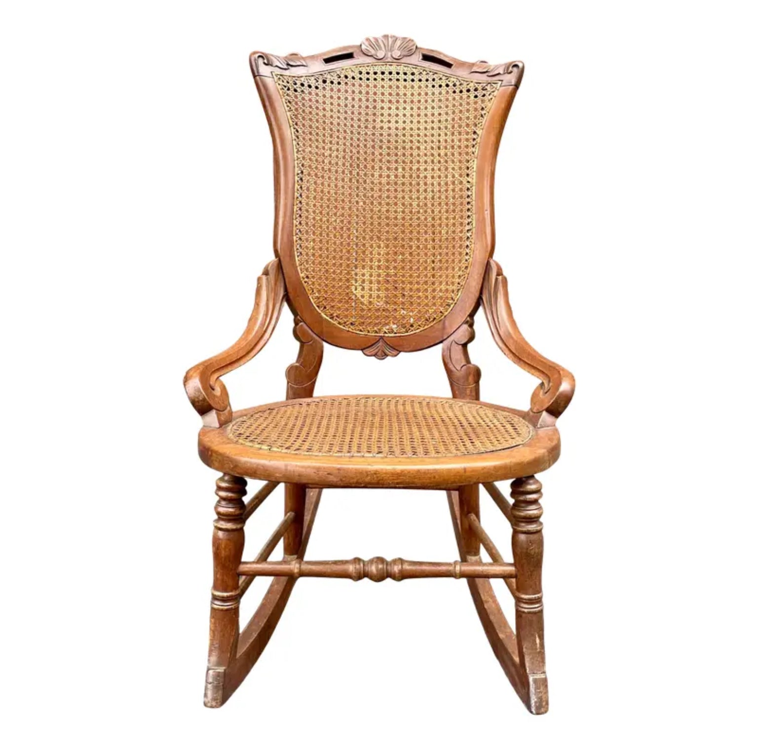 Victorian Cane Rocking Chair in Oak With Carved Wood Detail