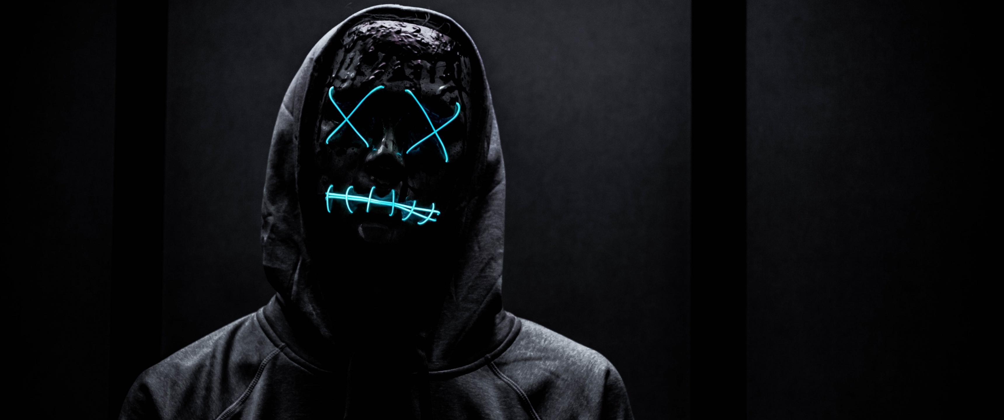 Neon Mask Wallpaper 4K, Man in Black