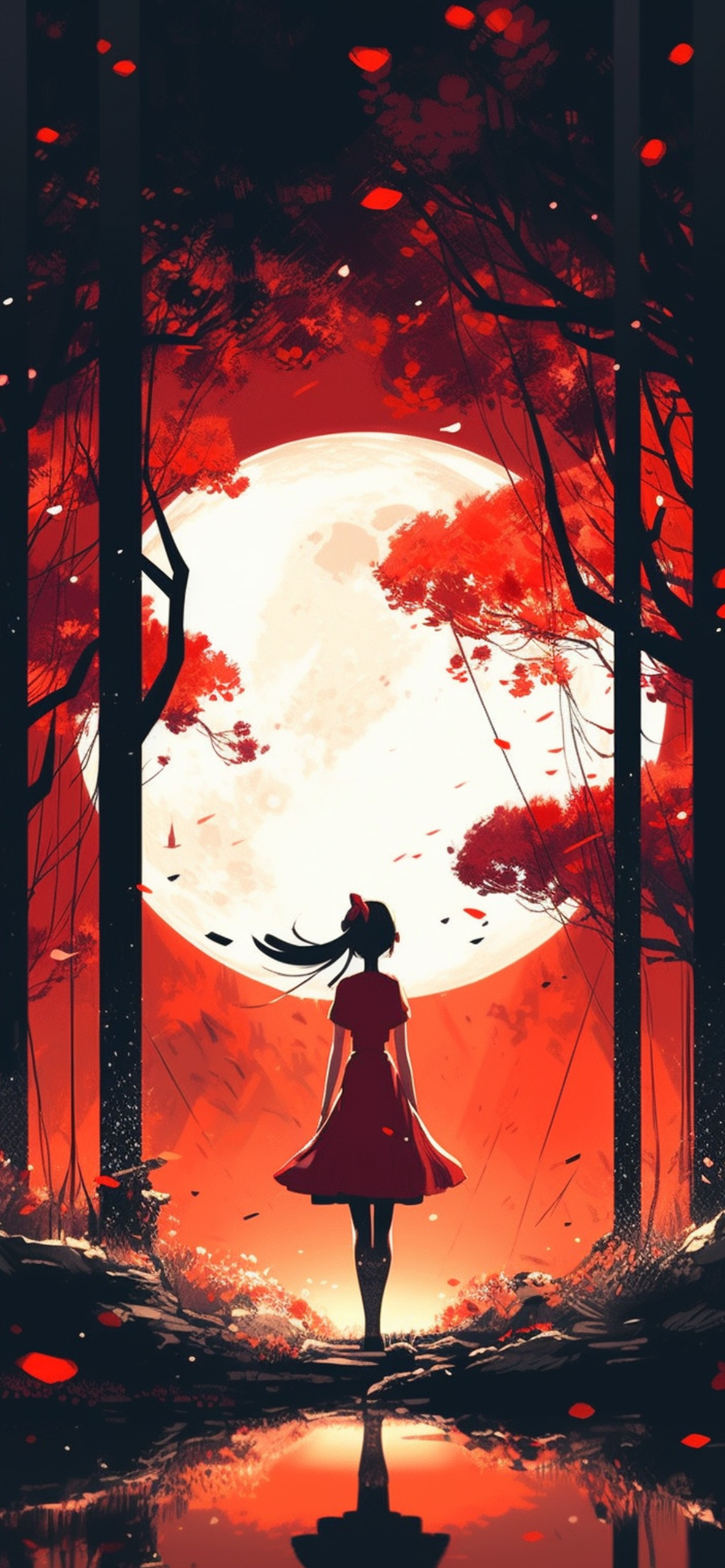 Girl & Moon Red Anime Wallpaper