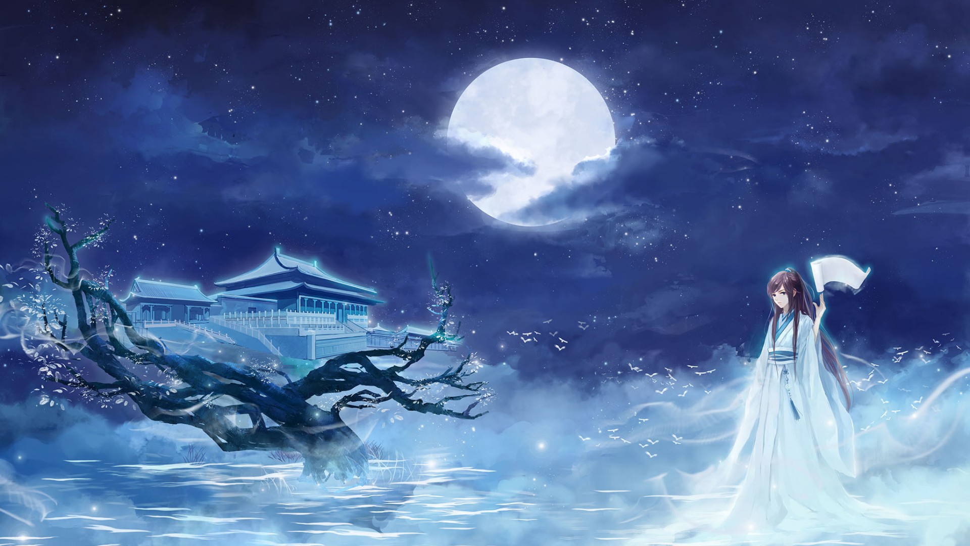 Anime Blue Full Moon Girl Moon Wallpaper:1920x1080