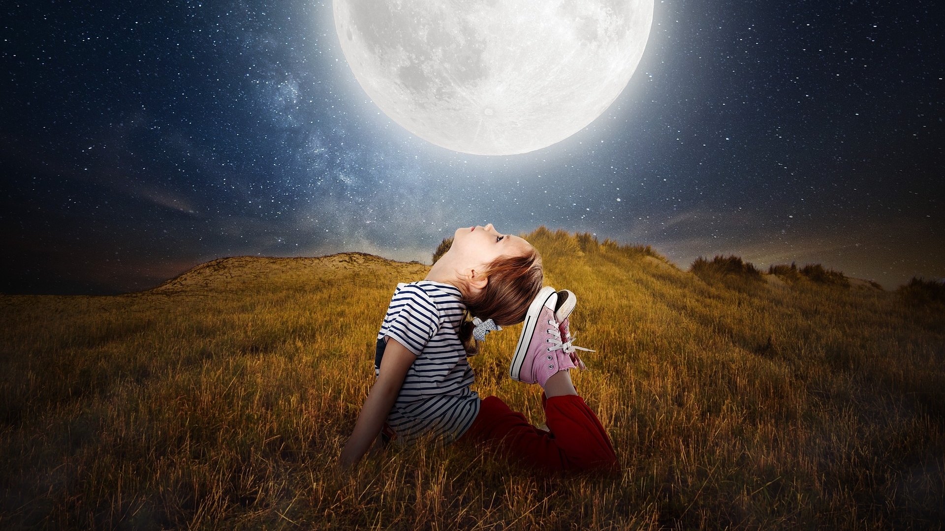 art, fantasy, moon, girl Gallery HD Wallpaper
