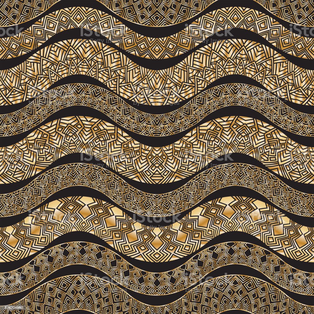 Vector Abstract Seamless Zig Zag Pattern With Stylized Snake Skin Silhouettehorizontal Golden Waves Lacy Tribal Ornaments On A Black Background Wallpaper Wrapping Paper Folk Ethnic Ten Brushes In Palette Stock Illustration
