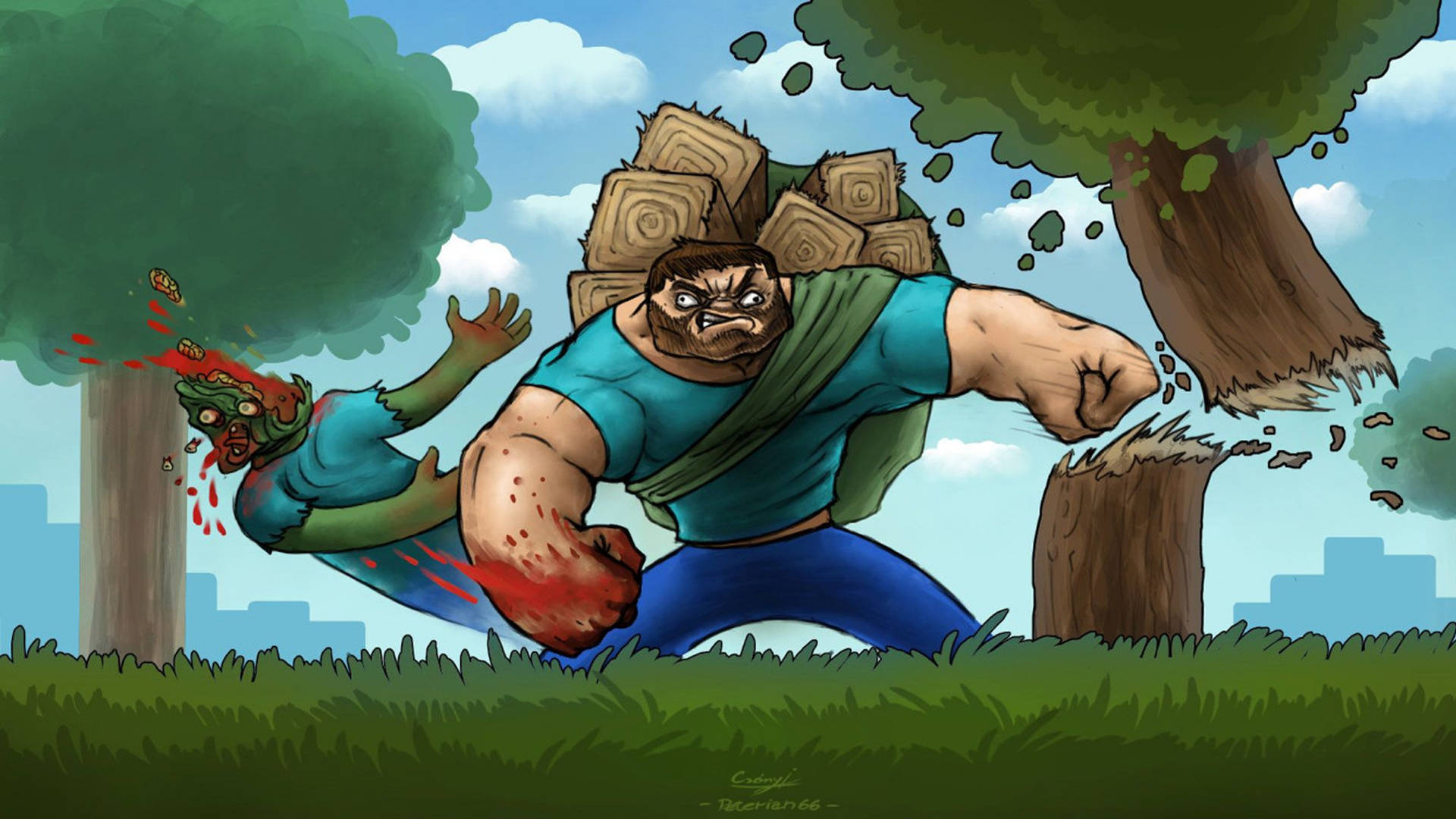 Download Steve Punching Trees And Zombies 2560x1440 Minecraft Wallpaper
