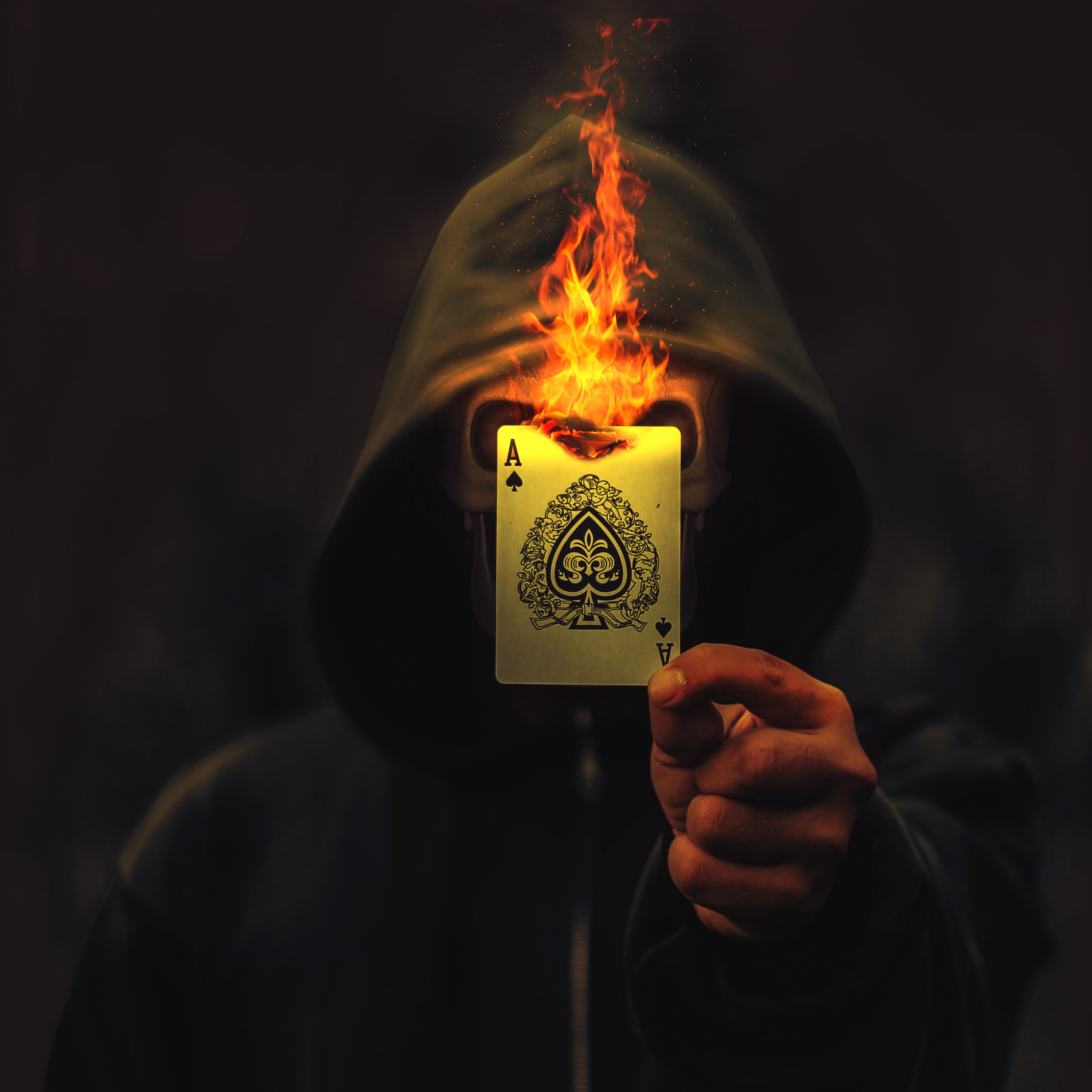 Ace of Spades Wallpaper 4K, Skull, Hoodie, Burning, Graphics CGI