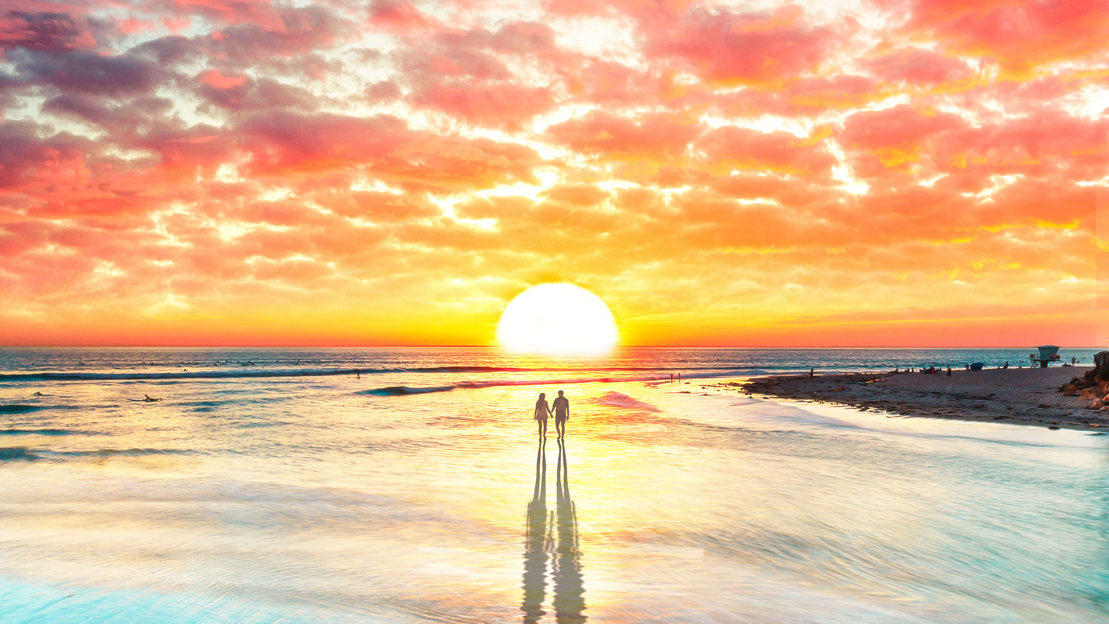 Wallpaper 4k Beach Couple Watching Sunset 4k Wallpaper