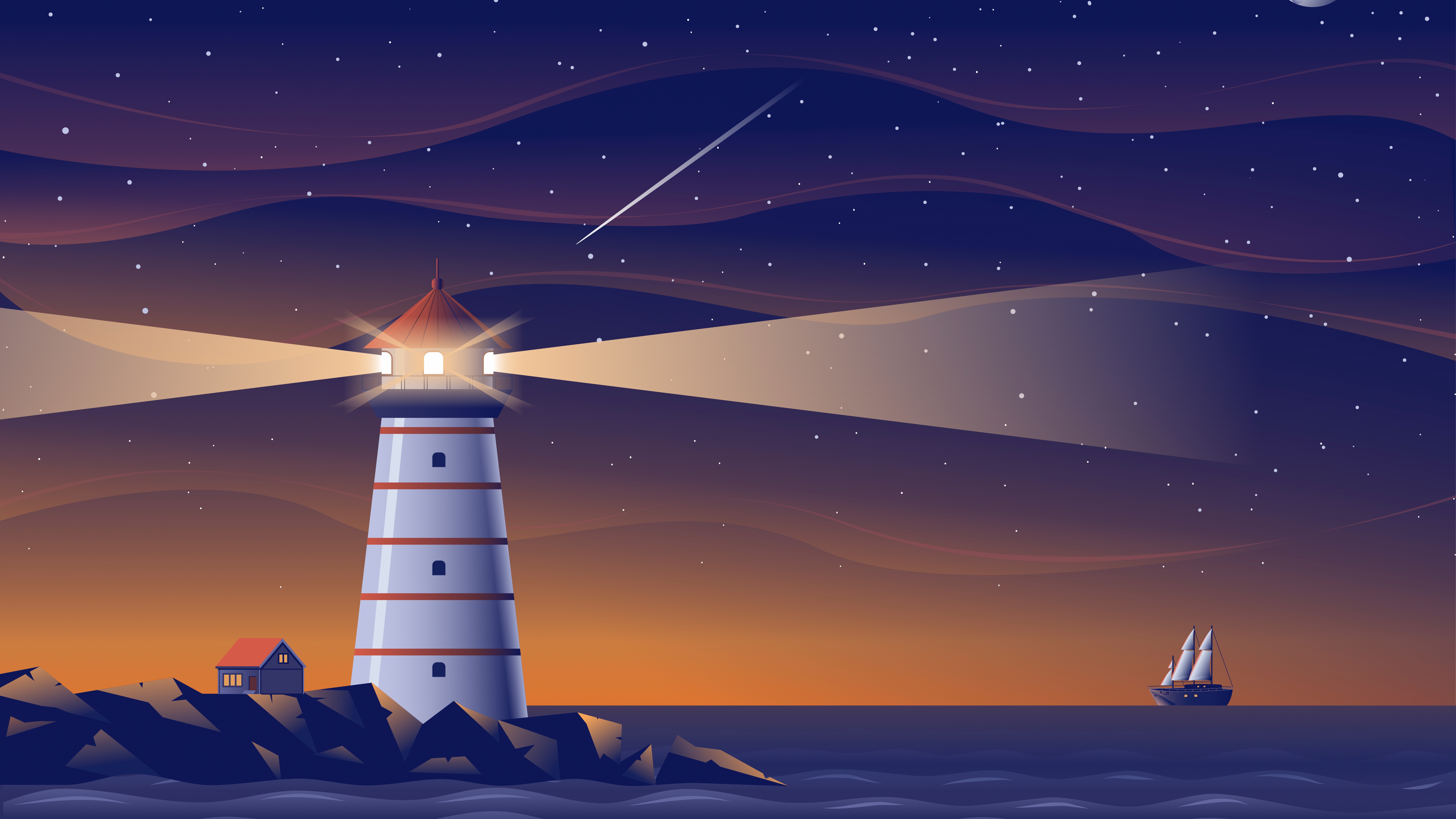Lighthouse Wallpaper 4K, Night, Ocean, Ship, Starry sky