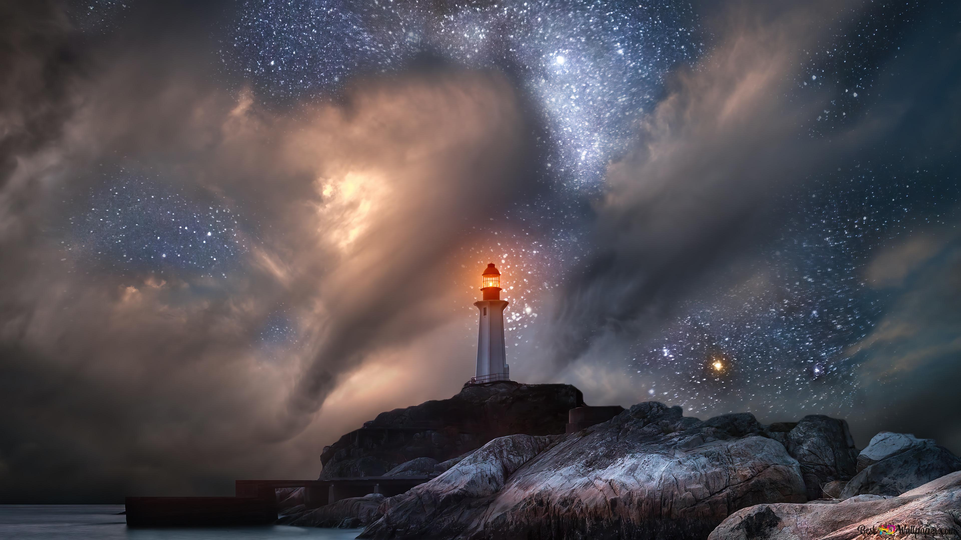 Lighthouse Starry Night Sky 4K wallpaper download