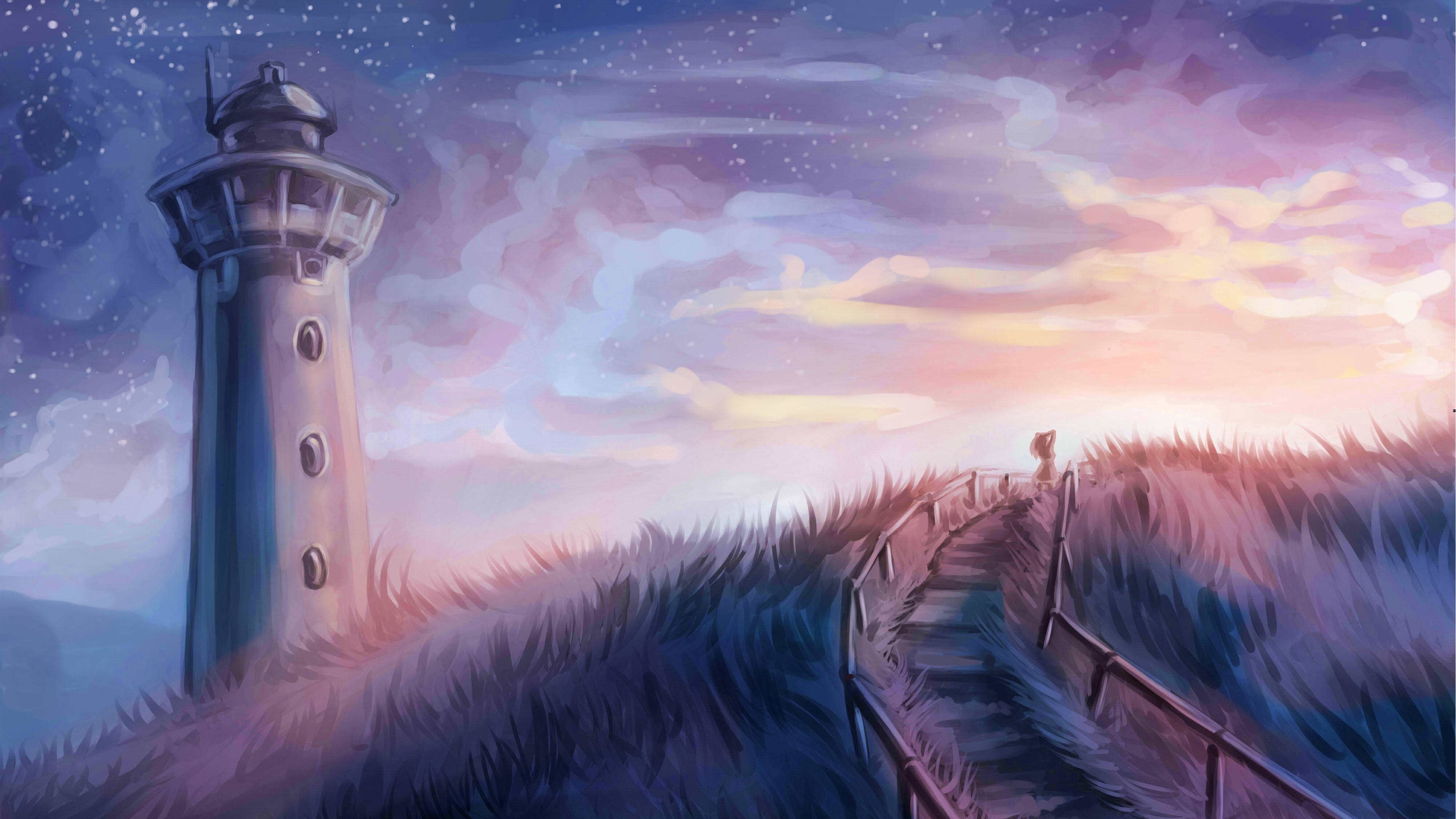 Wallpaper Painting, lighthouse, grass, girl, stars 3840x2160 UHD 4K Picture, Image