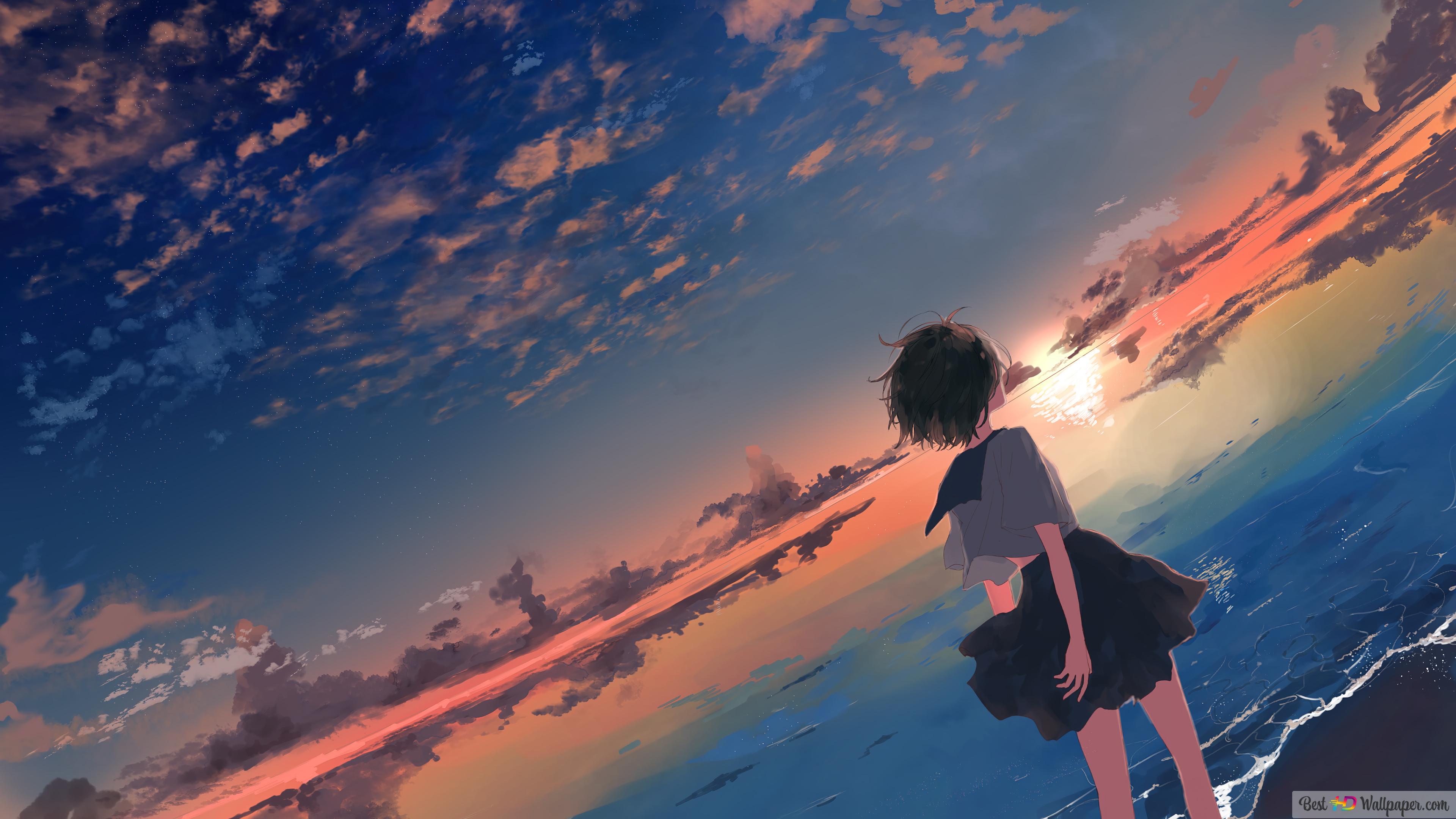 Anime School Girl Sunset Beach 4K wallpaper download