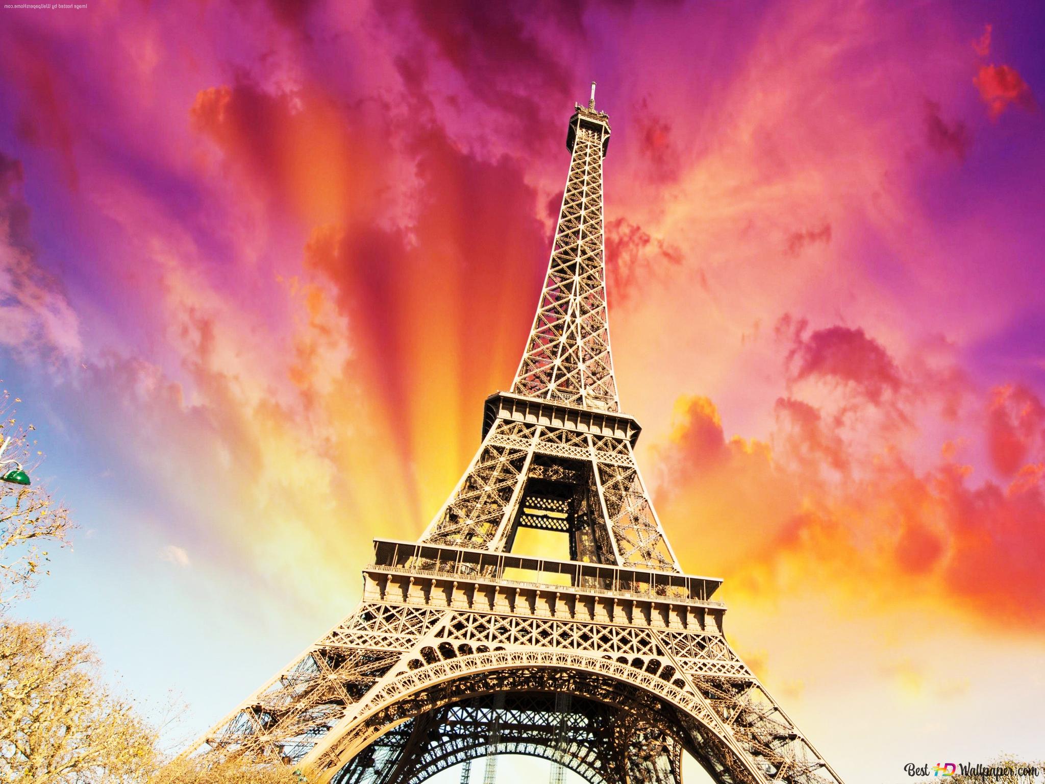 Eiffel Tower and Sunset 4K wallpaper download