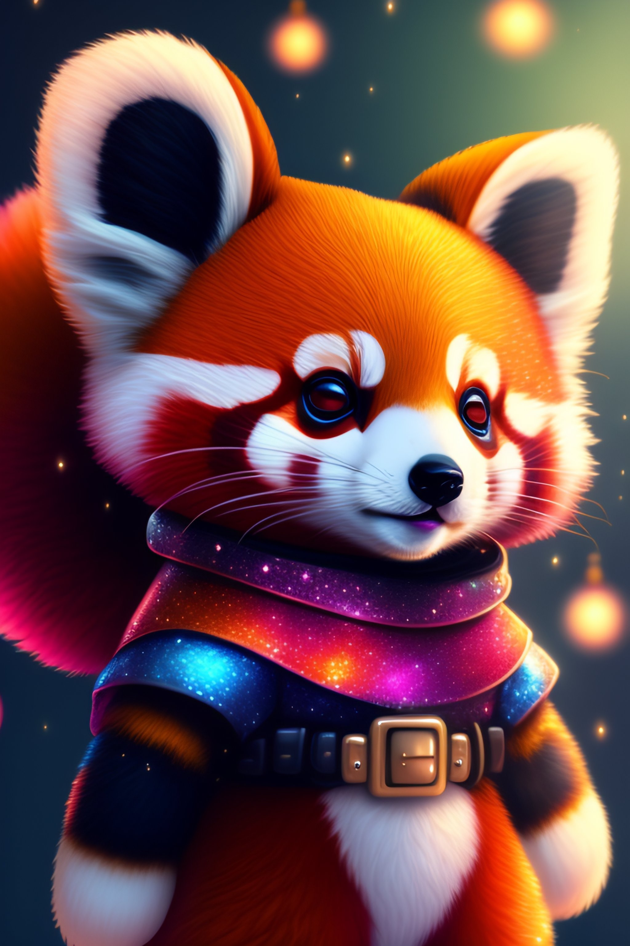 CUTE AND ADORABLE CARTOON FLUFFY RED PANDA, SPACE, FANTASY, GLITTER, PARTY, DREAMLIKE, SURREALISM, SUPER CUTE, TRENDING ON ARTSTATION