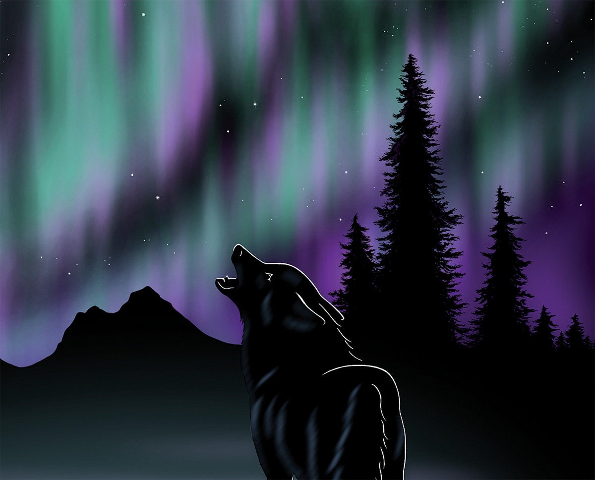 Small Northern Lights Wolves Wildlife Art Print Digital