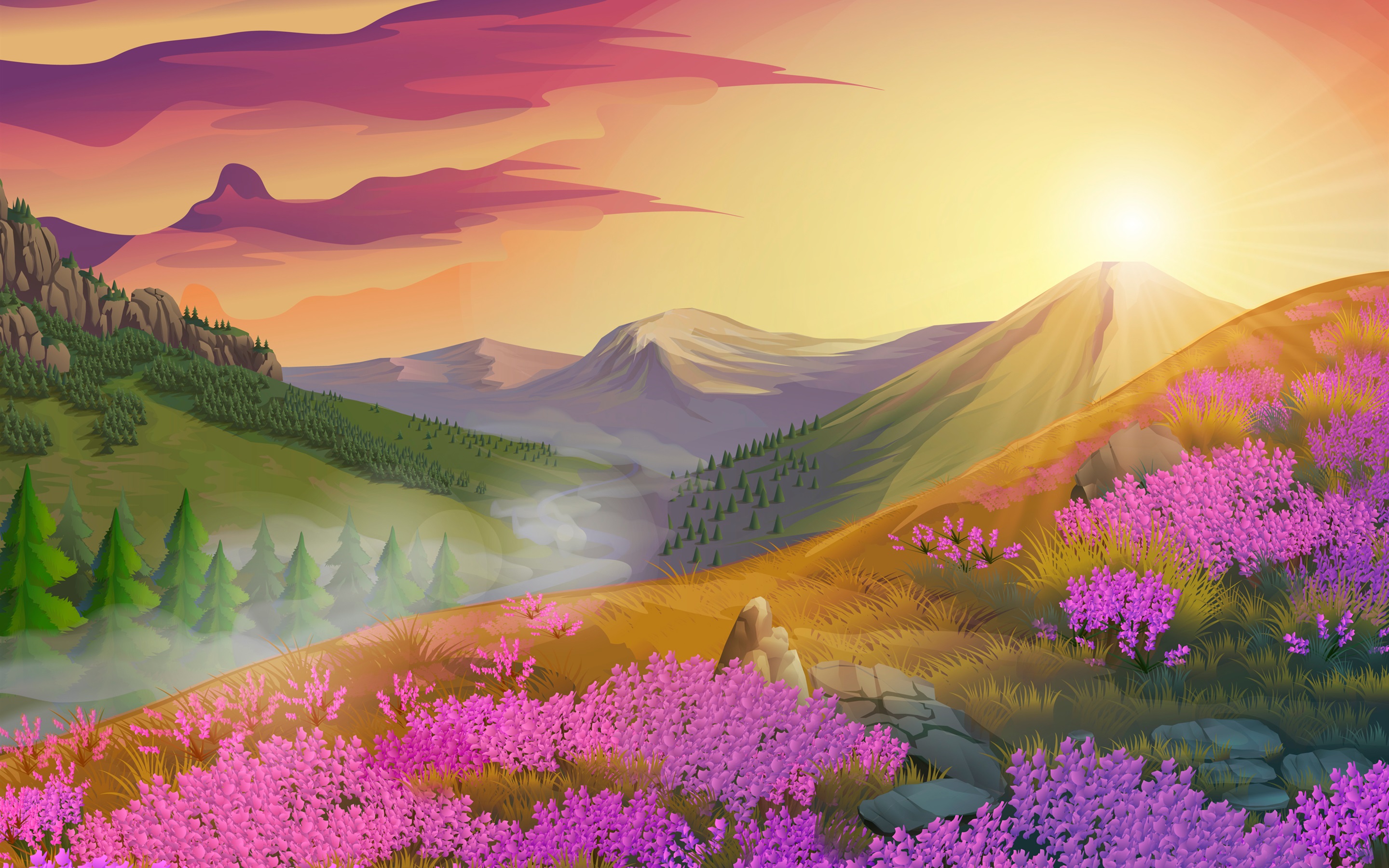 Wallpaper Pink flowers, mountains, sun, nature landscape, vector design 2880x1800 HD Picture, Image