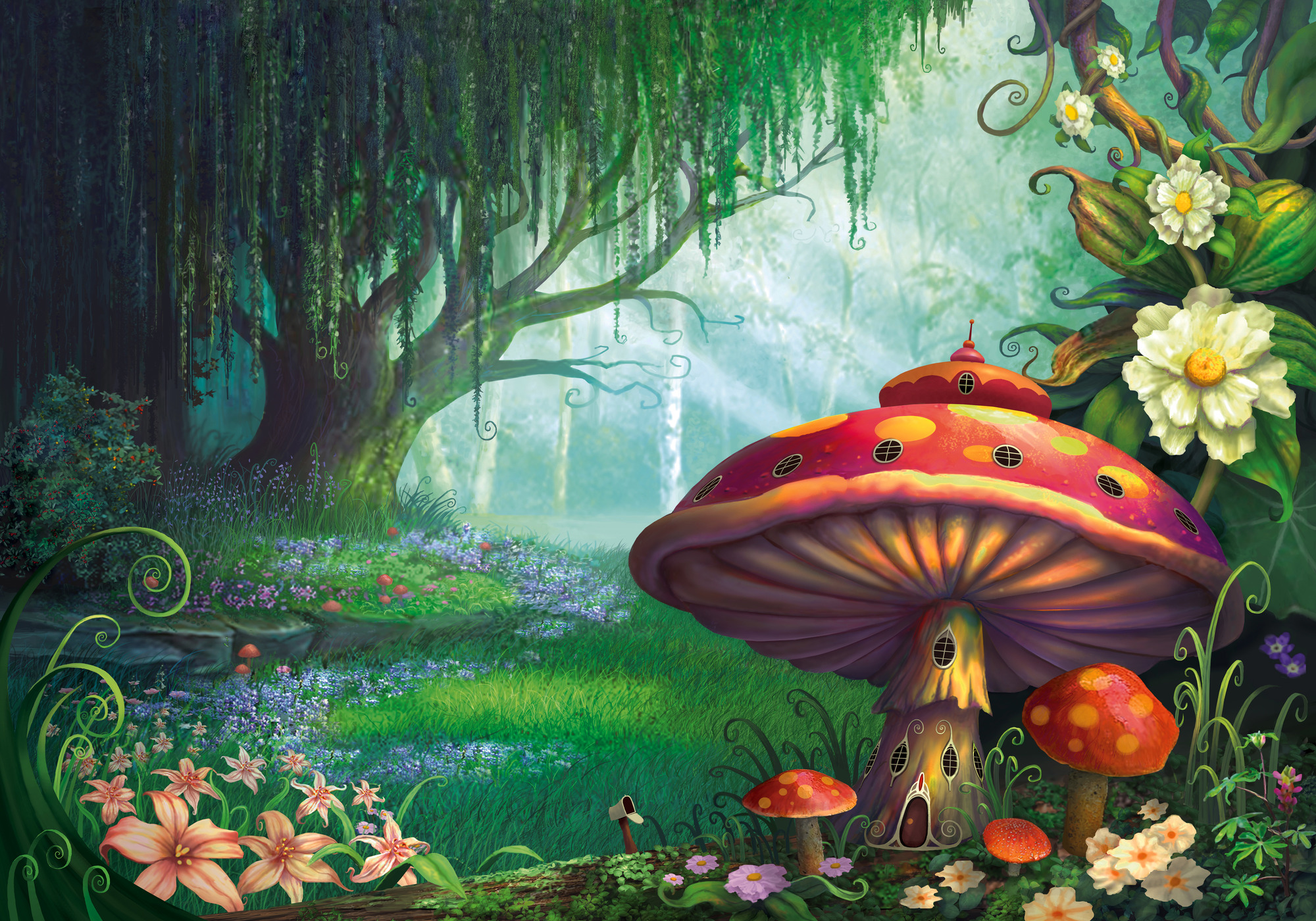Artistic Fantasy Flower Forest House Mushroom Spring Tree Wallpaper:2000x1400