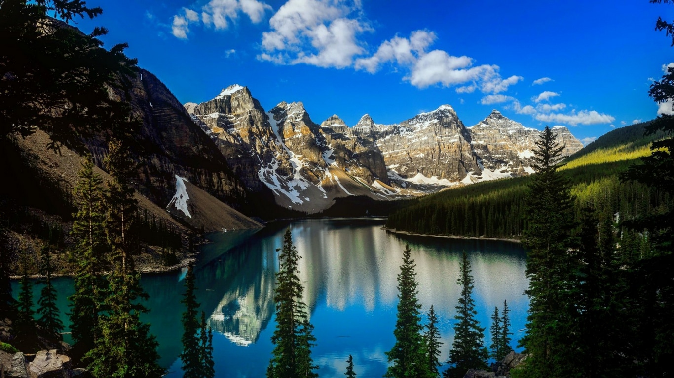 Wallpaper / rocks, beautiful, trees, sky, lake, mountain, cliffs, serenity, reflection, lakeshore, landscape free download