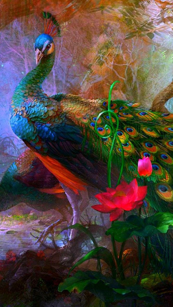 Peacocks & Flowers Wallpaper for Walls | Victorian Peacocks on Red
