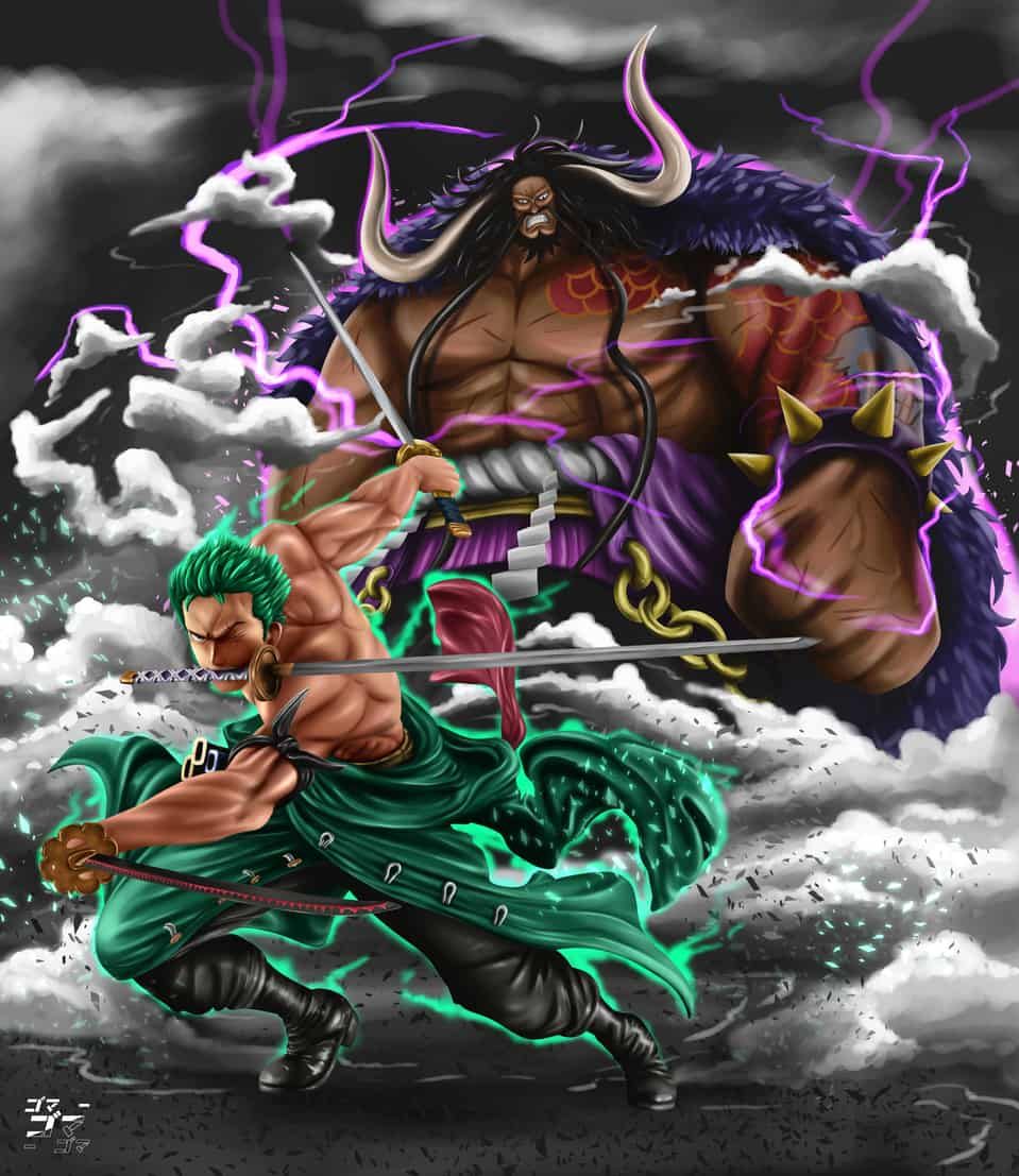 The illustration Roronoa Zoro vs Kaido, with the tags samurai, RoronoaZoro, anime, Strawhat, zoro, ONEPIECE, beast, animefanart, onepiece. การ์ตูน, โซโร, รูปภาพ