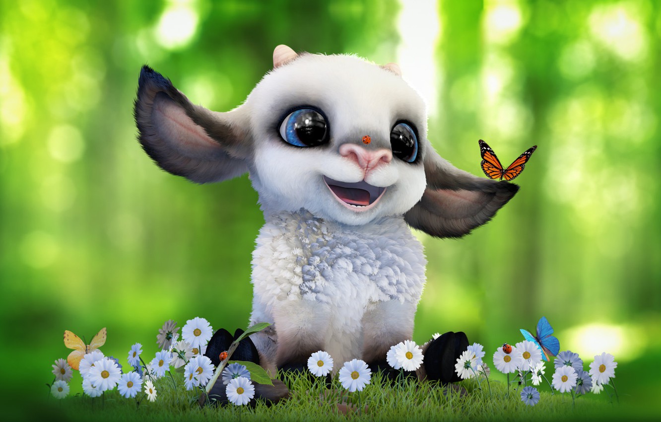 Wallpaper summer, mood, butterfly, Daisy, art, flowers, clearing, baby, sheep, children's, Alina Makarenko, Cartoon sheep image for desktop, section рендеринг