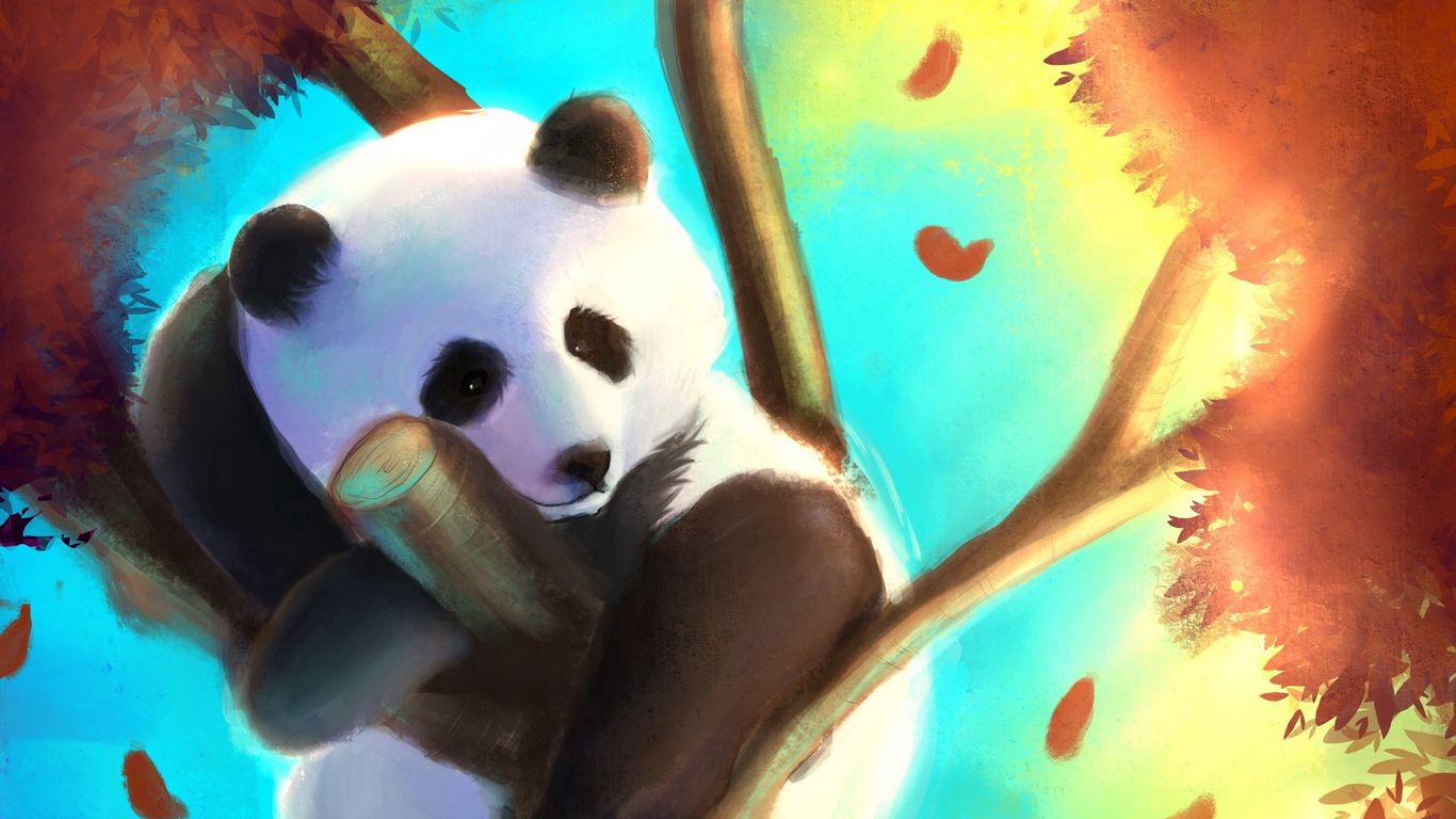 Download wallpaper 1366x768 panda, cute, tree, art, colorful tablet, laptop HD background
