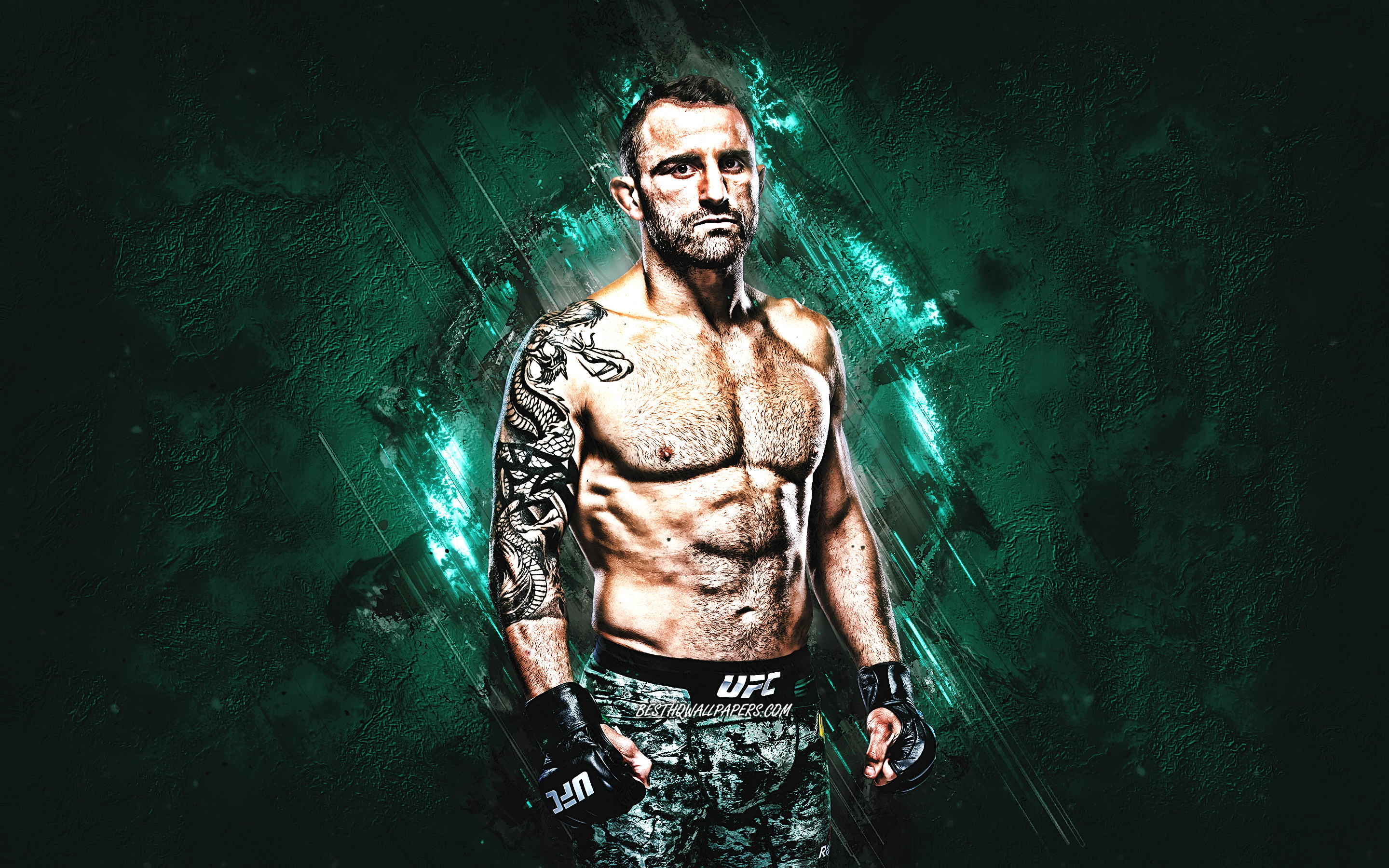 Download wallpaper Alexander Volkanovski, UFC, Australian fighter, MMA, portrait, green stone background, Ultimate Fighting Championship for desktop with resolution 2880x1800. High Quality HD picture wallpaper